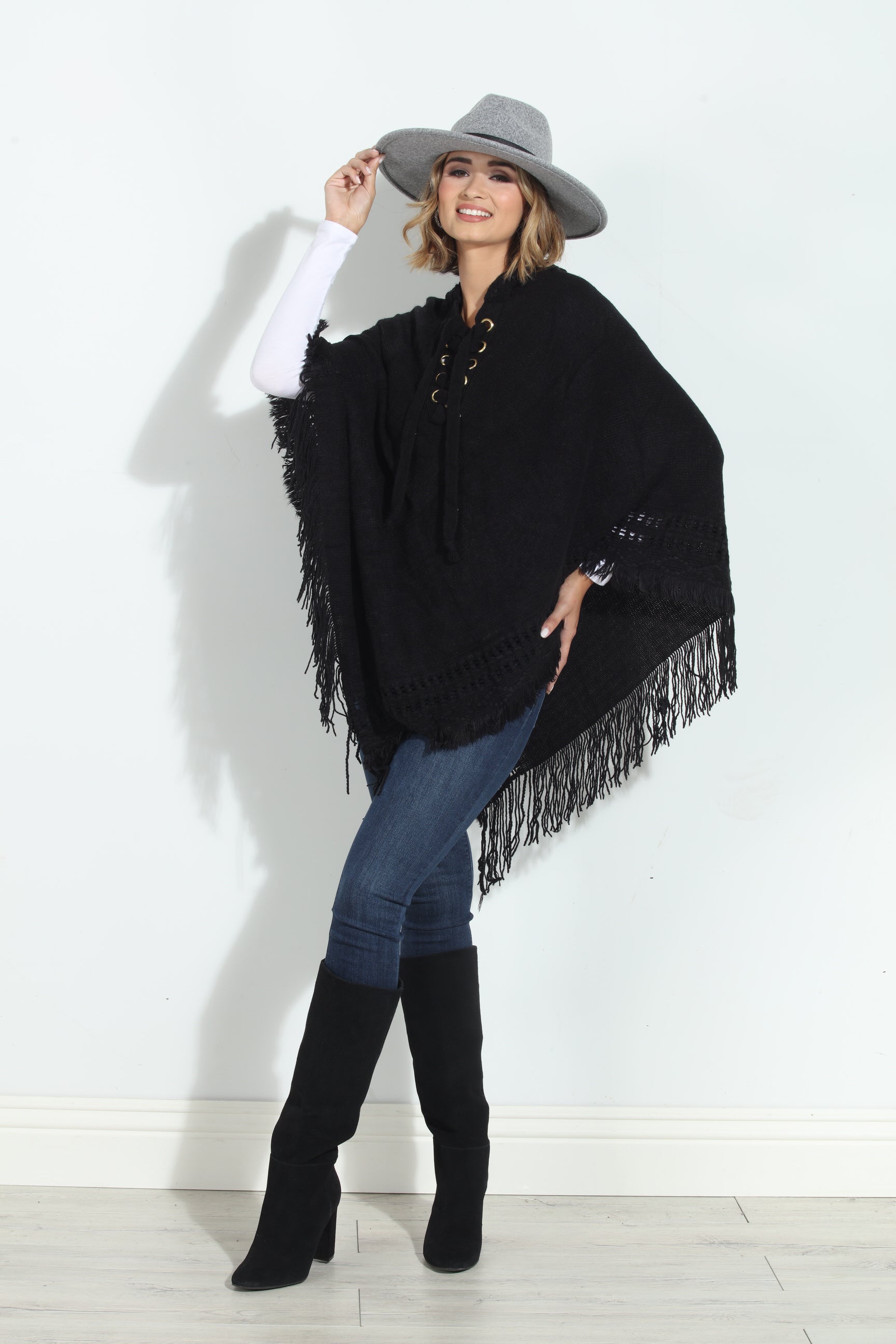 Black Cozy Tassel Poncho