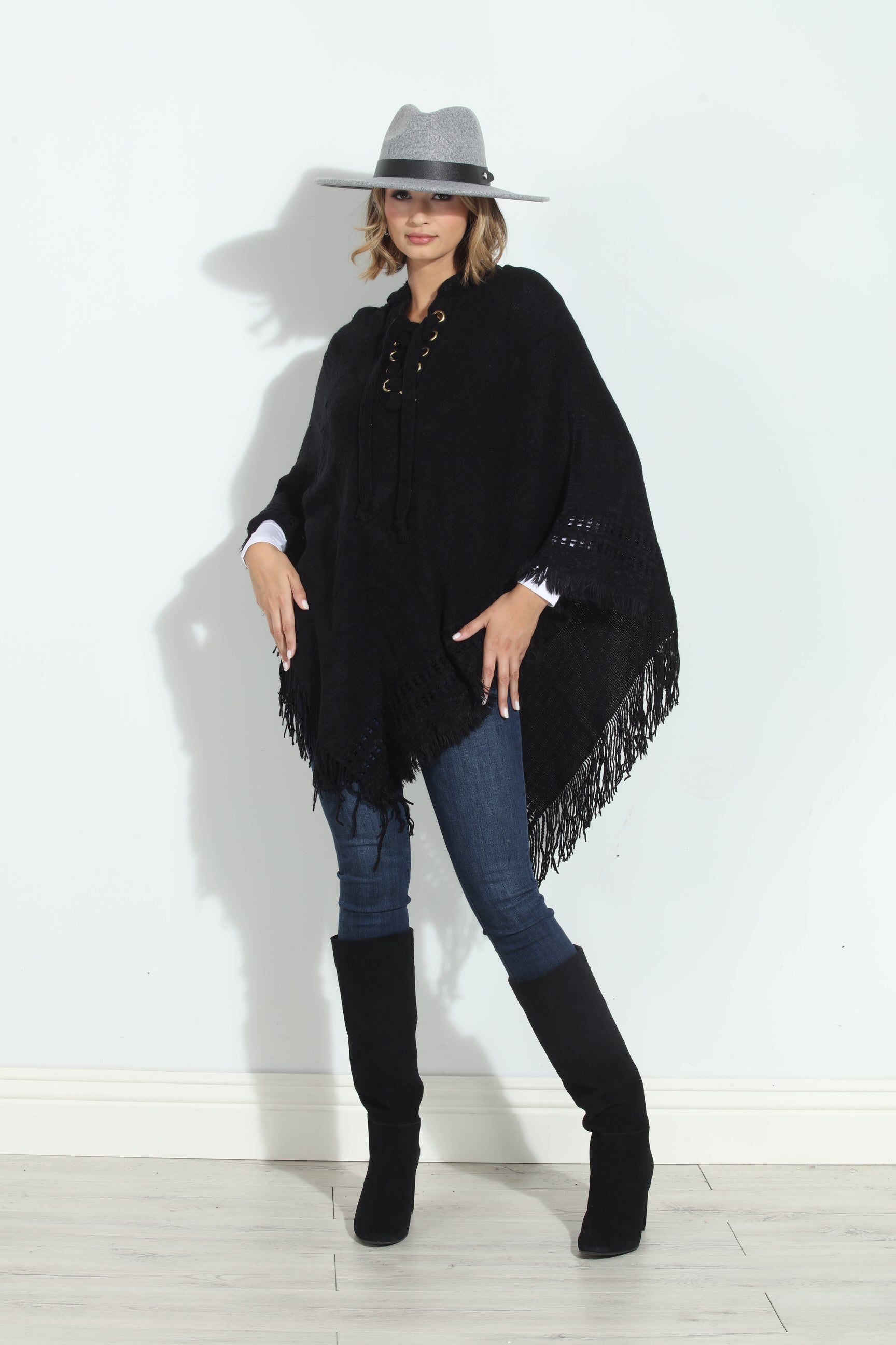 Black Cozy Tassel Poncho