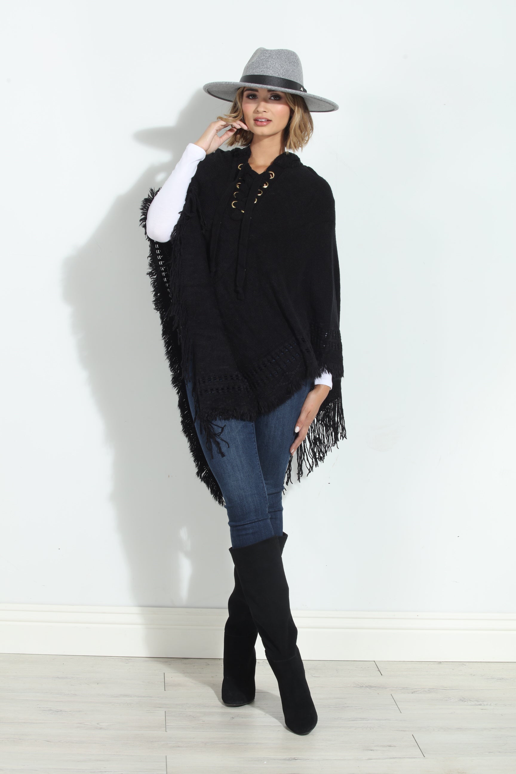 Black Cozy Tassel Poncho
