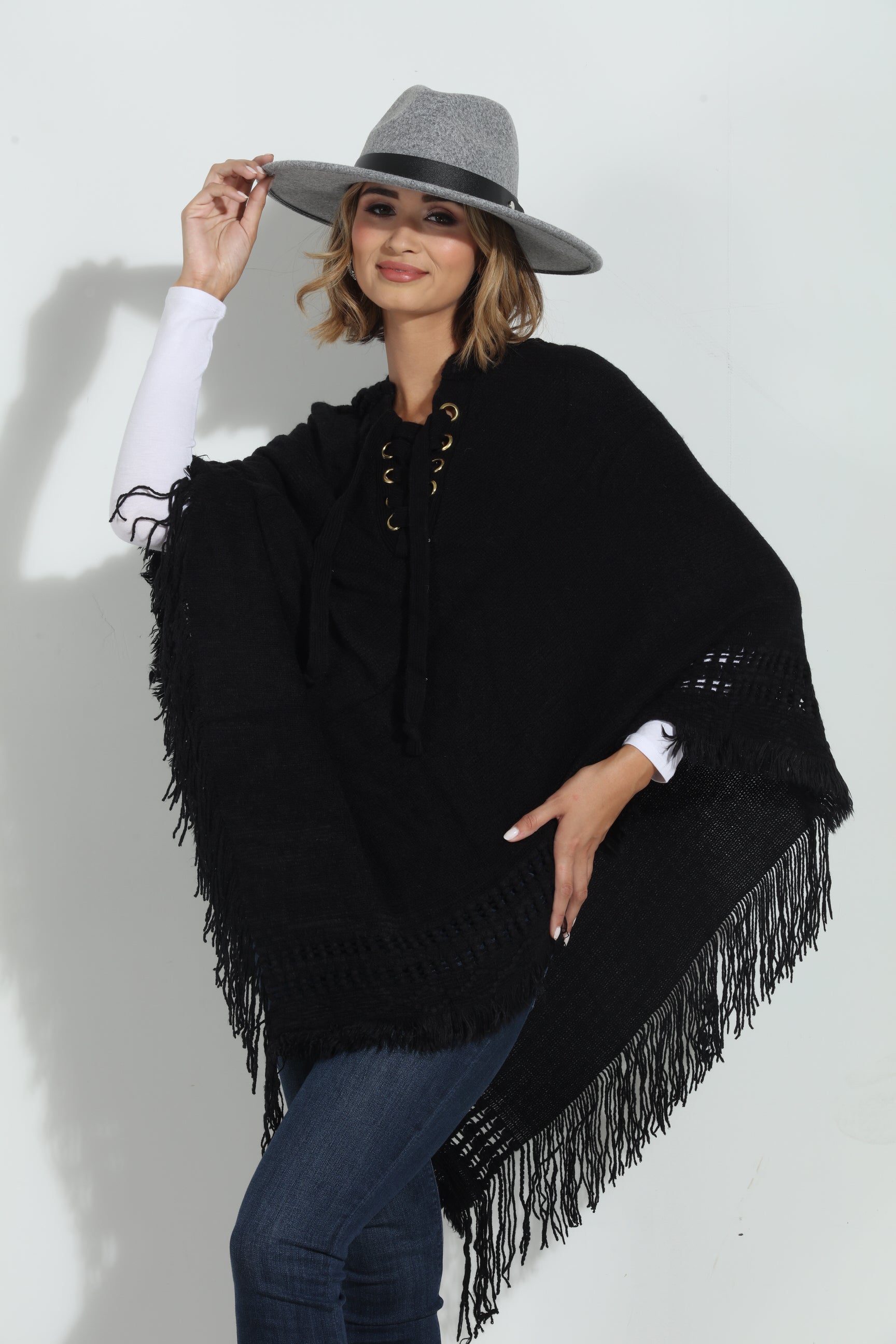 Black Cozy Tassel Poncho