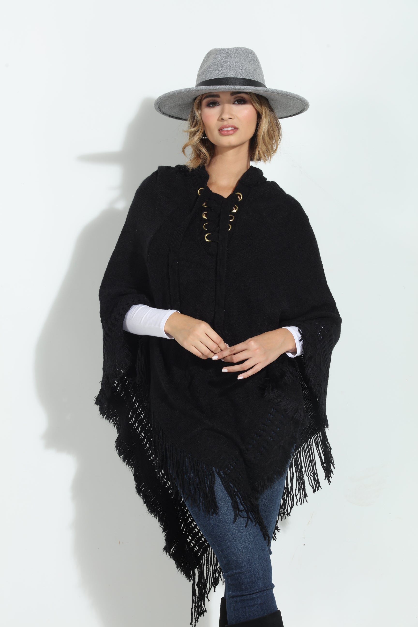 Black Cozy Tassel Poncho