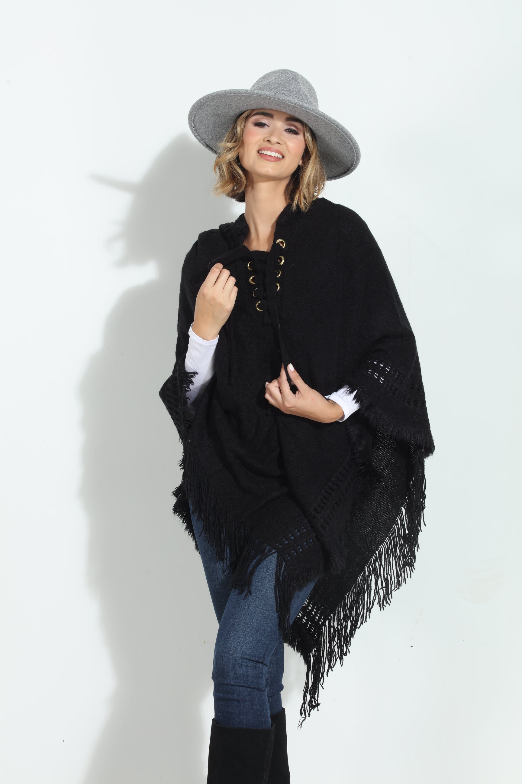 Black Cozy Tassel Poncho