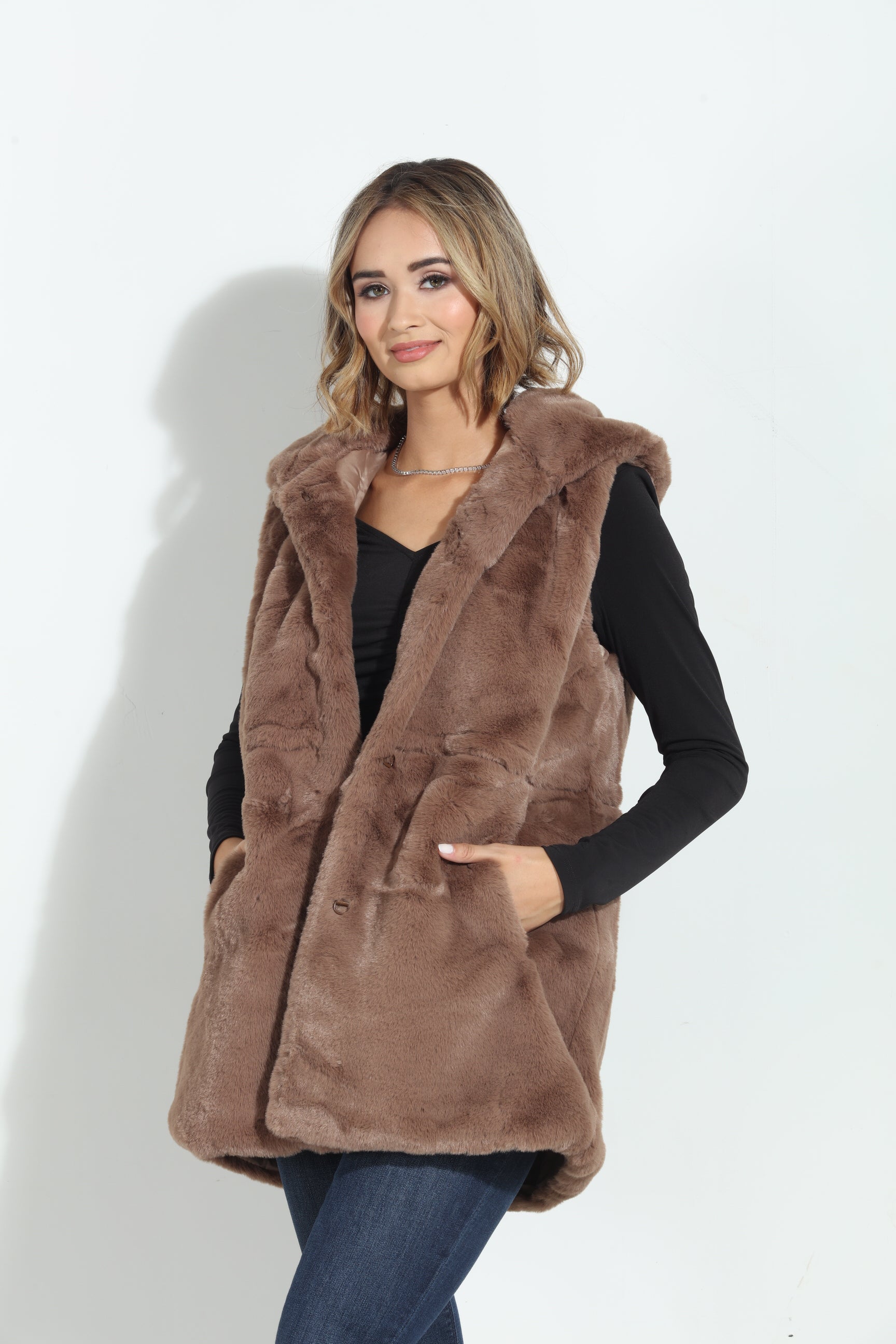 Tan Faux Fur Hooded Vest-FINAL SALE