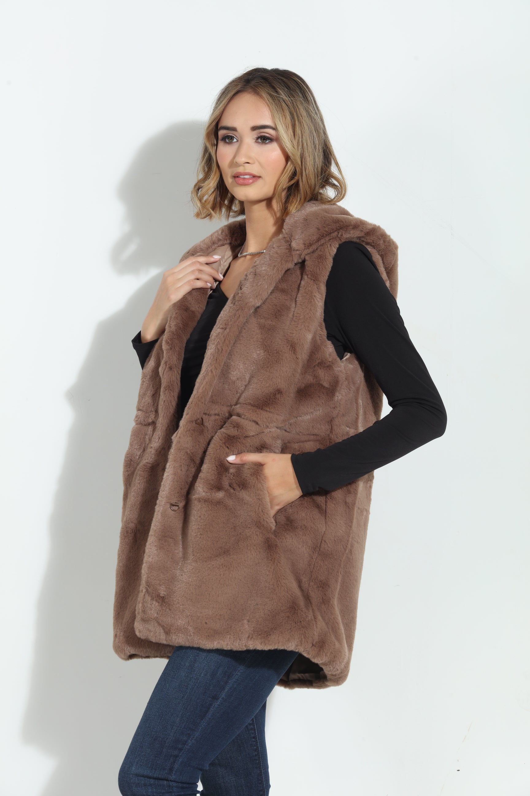 Tan Faux Fur Hooded Vest-BEST SELLER