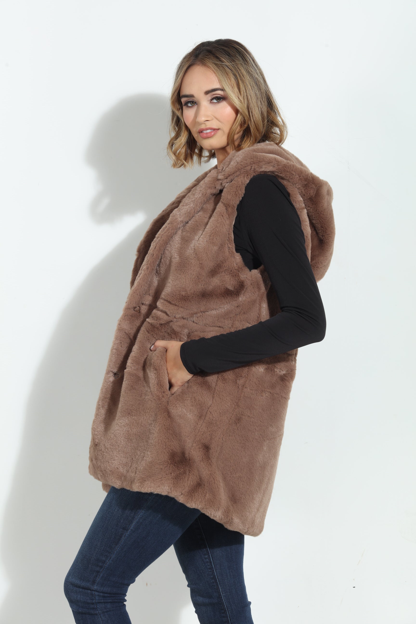 Tan Faux Fur Hooded Vest-FINAL SALE