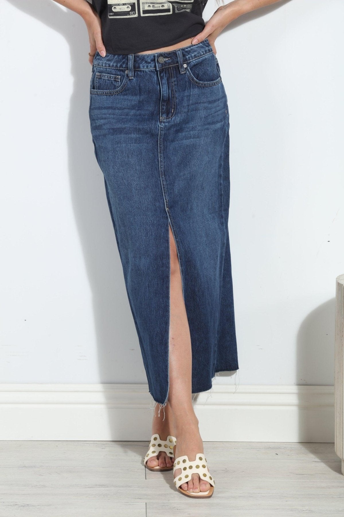 Hidden Peyton Denim Midi Skirt- Dark Wash- FINAL SALE