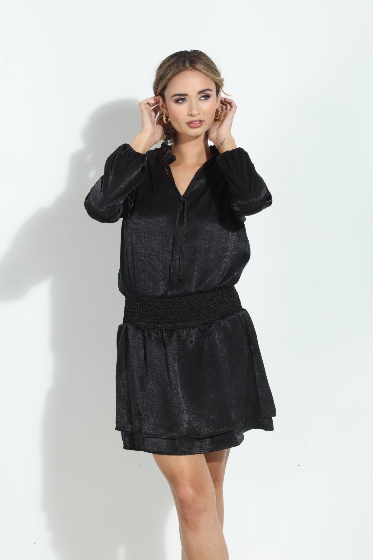 Black Heavy Satin Smocked Dress