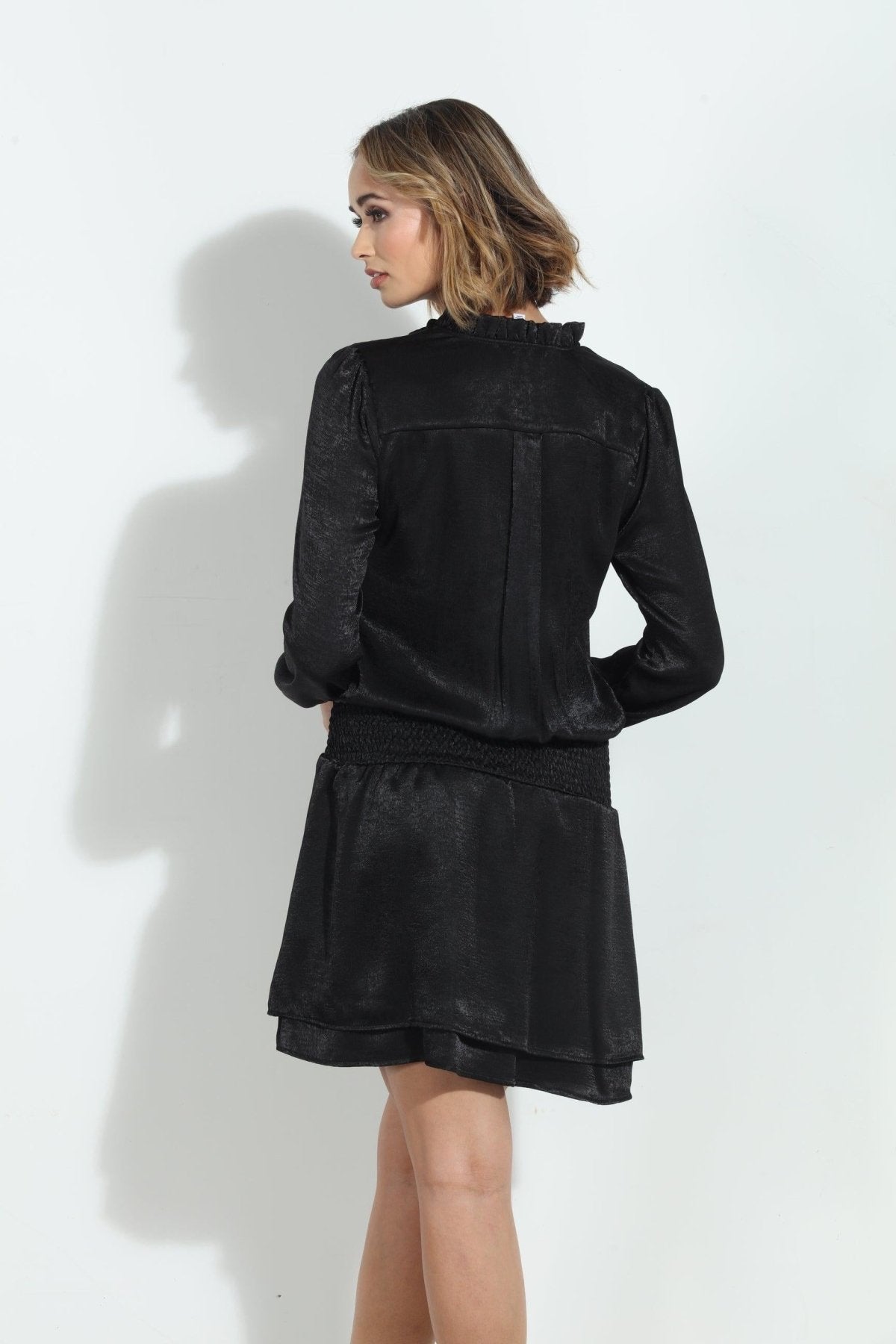 Black Heavy Satin Smocked Dress