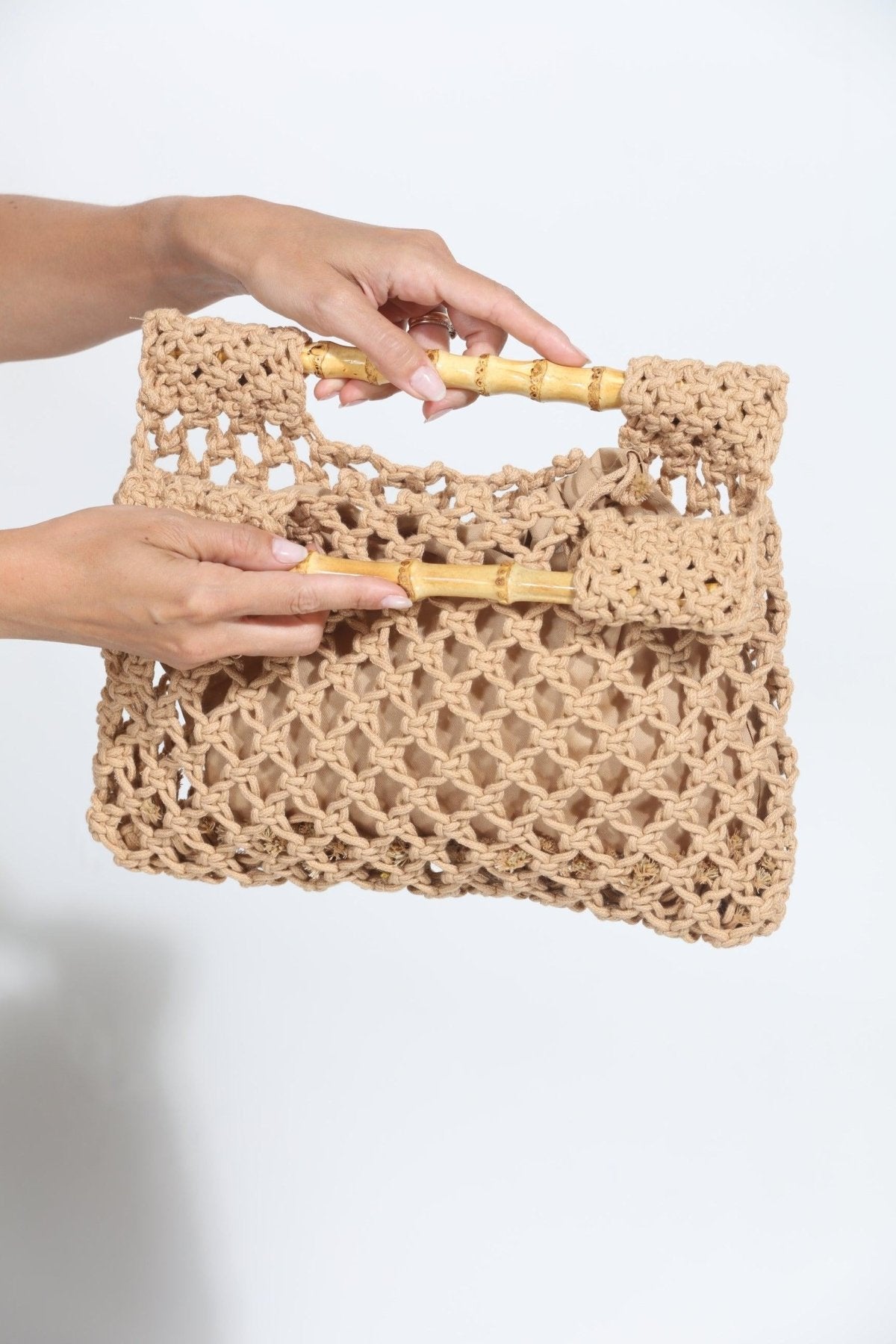 Khaki Straw Bamboo Handle Bag