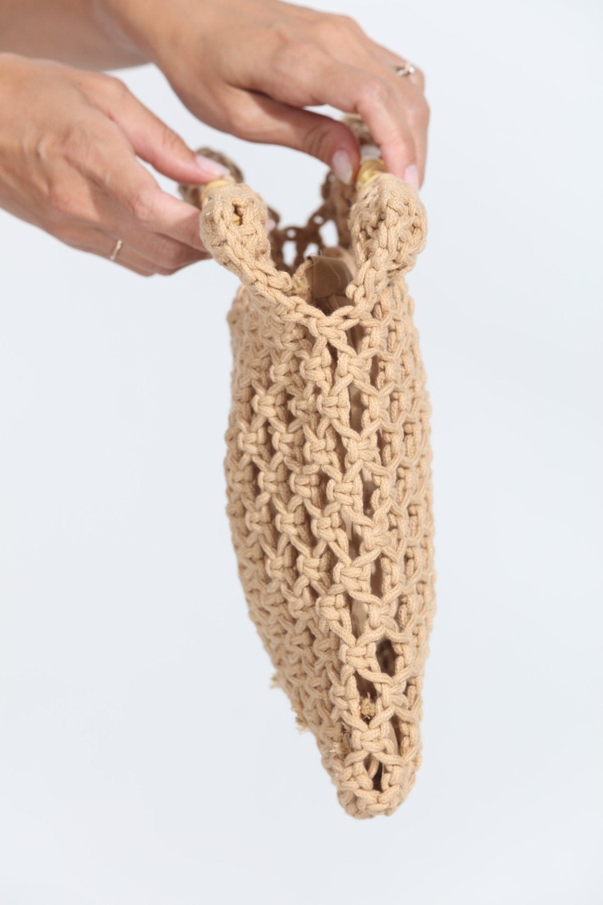 Khaki Straw Bamboo Handle Bag