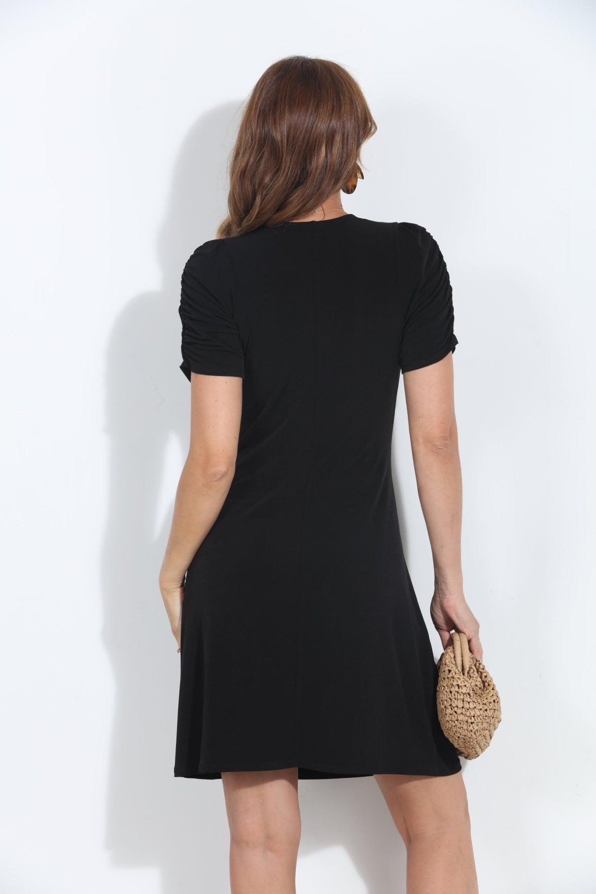 Black V-Neck Shirred Dress-BEST SELLER