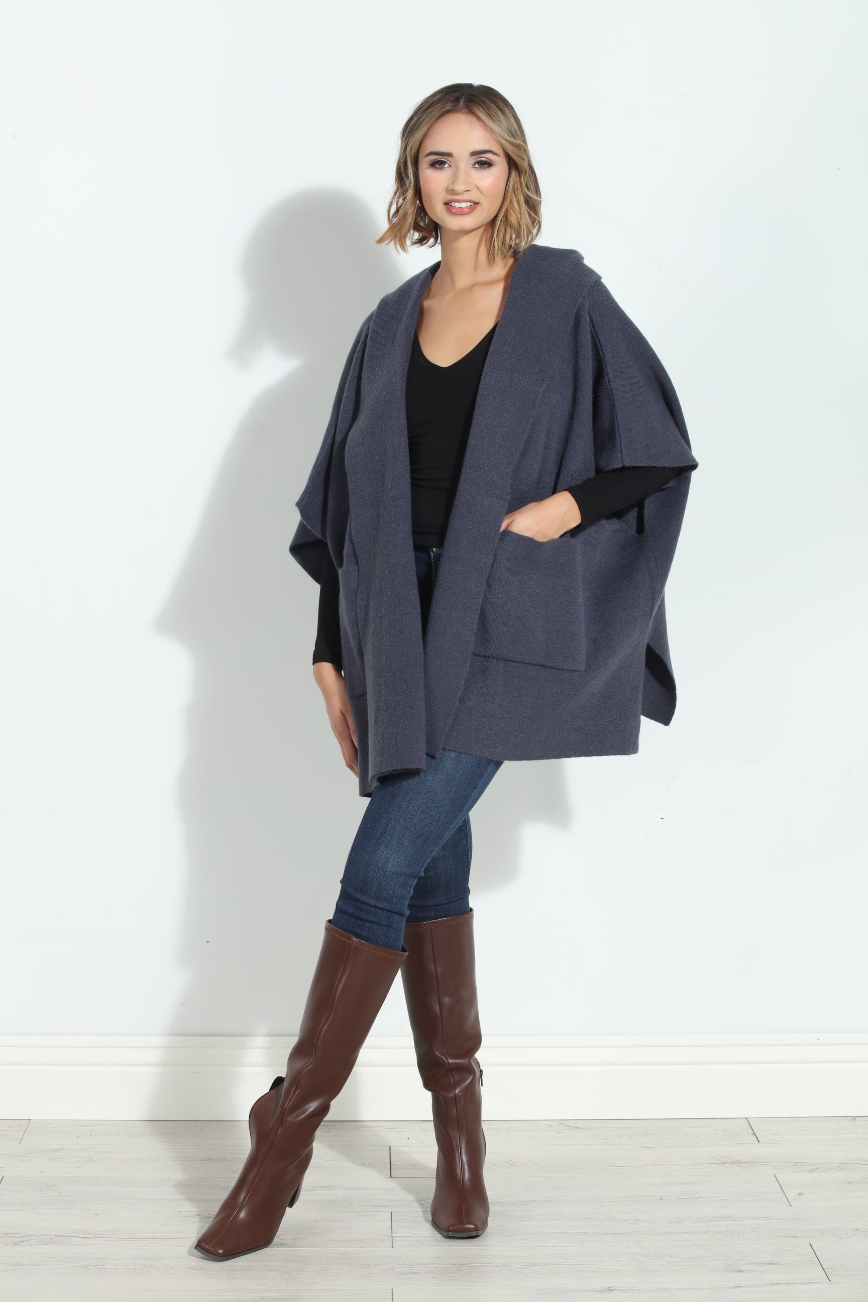 Denim Blue Cozy Hooded Poncho-BEST SELLER