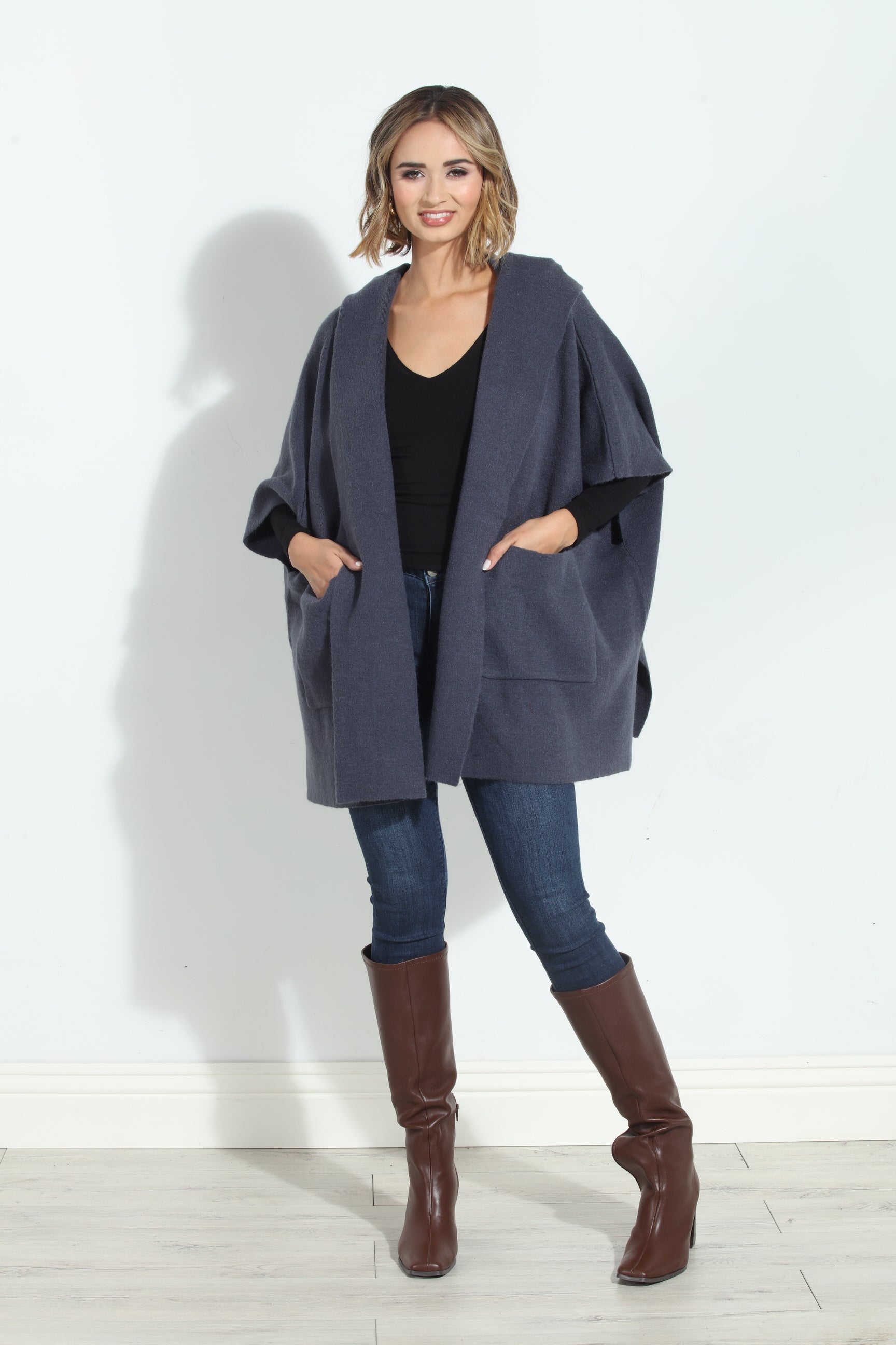 Denim Blue Cozy Hooded Poncho-BEST SELLER
