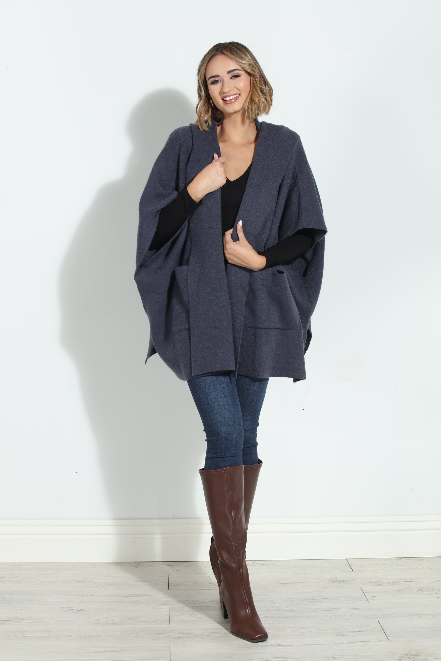 Denim Blue Cozy Hooded Poncho-BEST SELLER