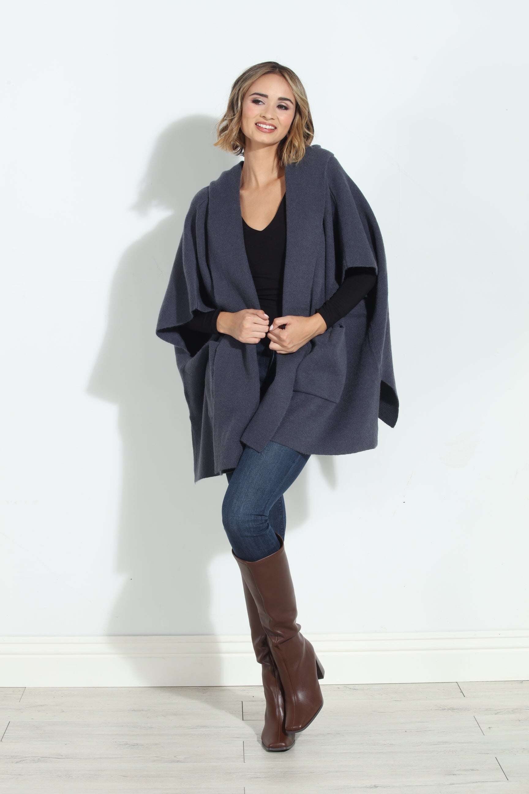 Denim Blue Cozy Hooded Poncho-BEST SELLER