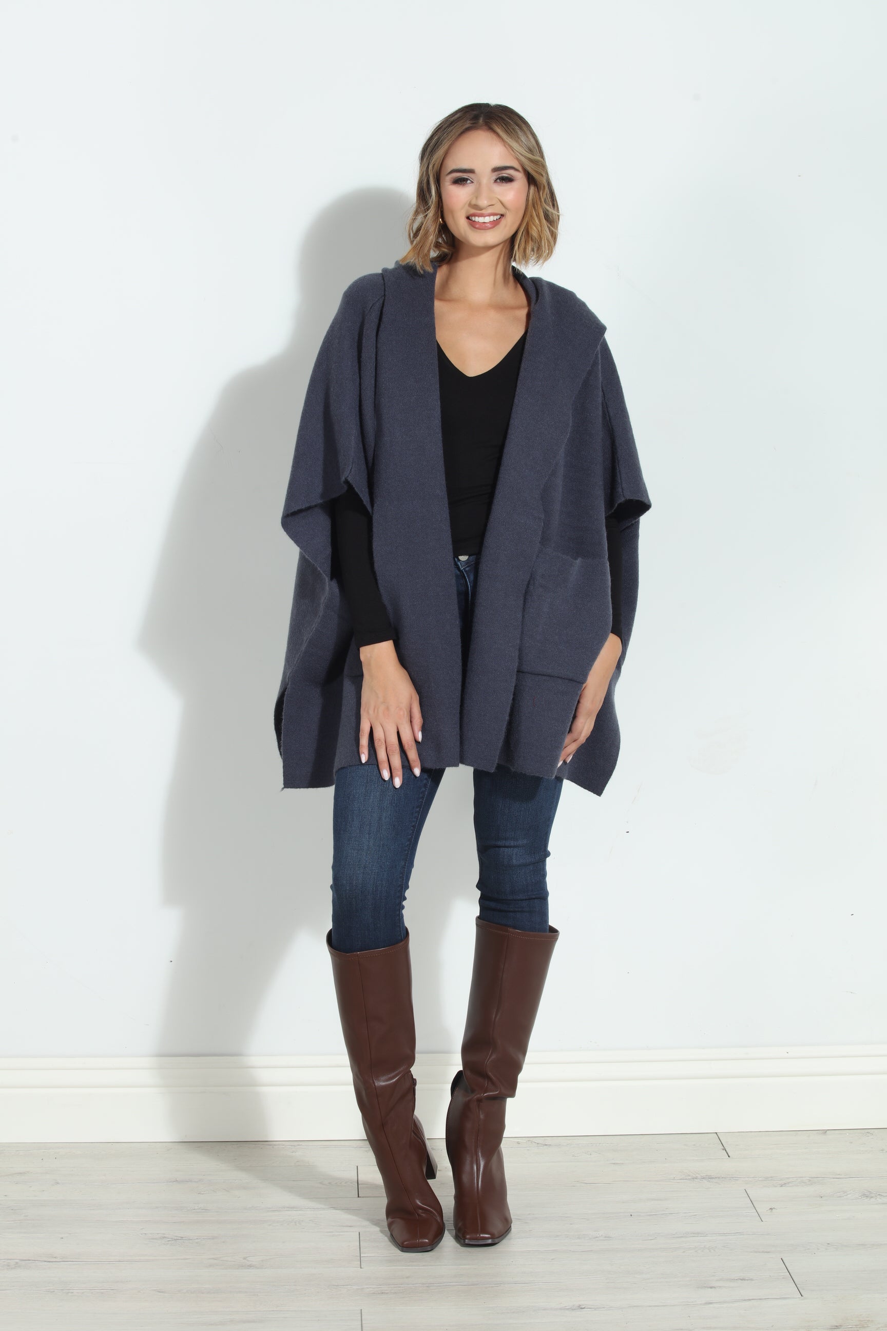 Denim Blue Cozy Hooded Poncho-BEST SELLER