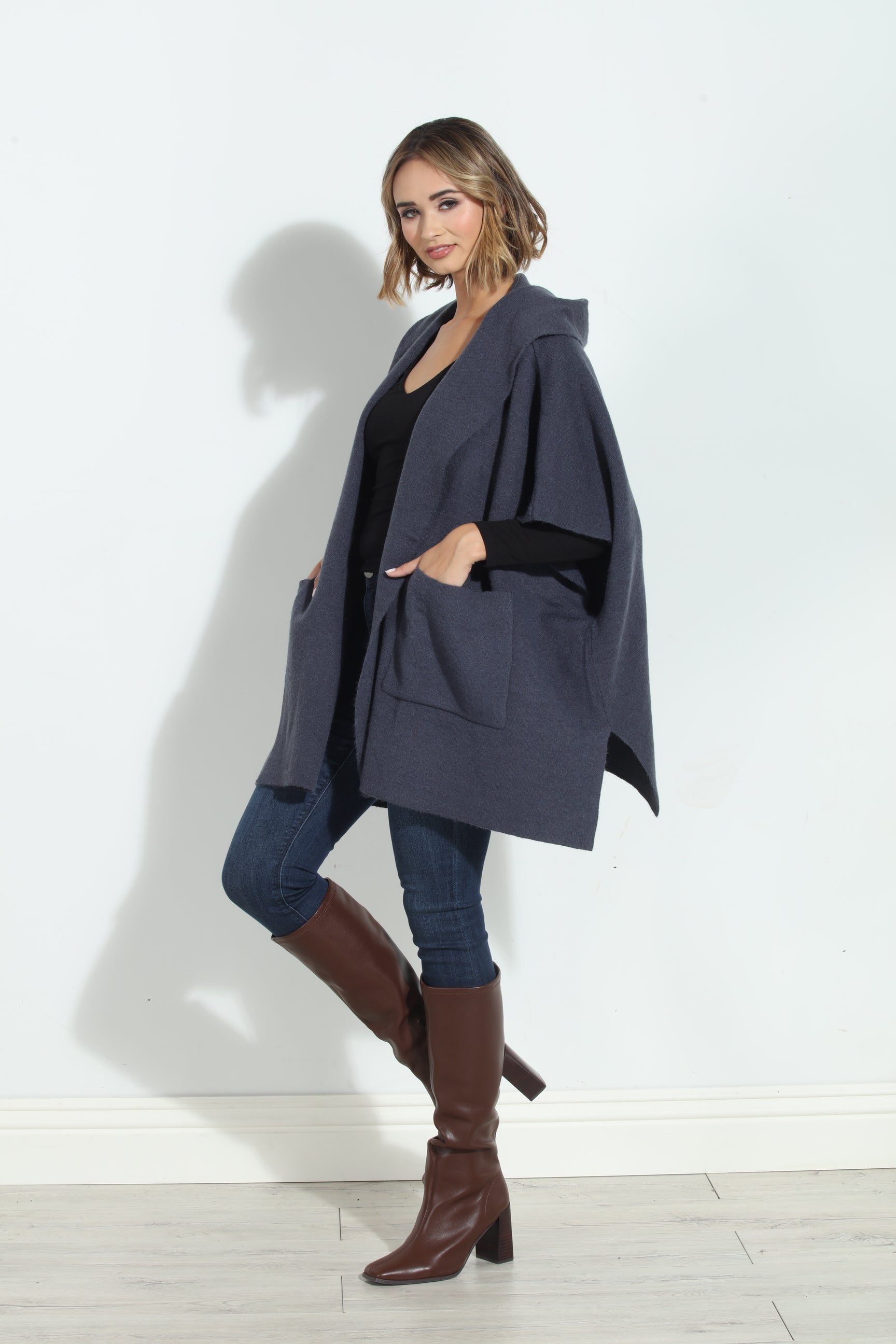 Denim Blue Cozy Hooded Poncho-BEST SELLER