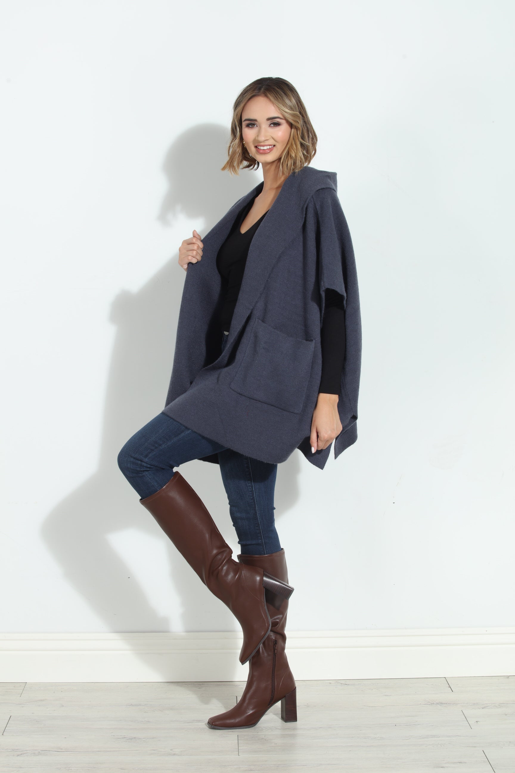 Denim Blue Cozy Hooded Poncho-BEST SELLER