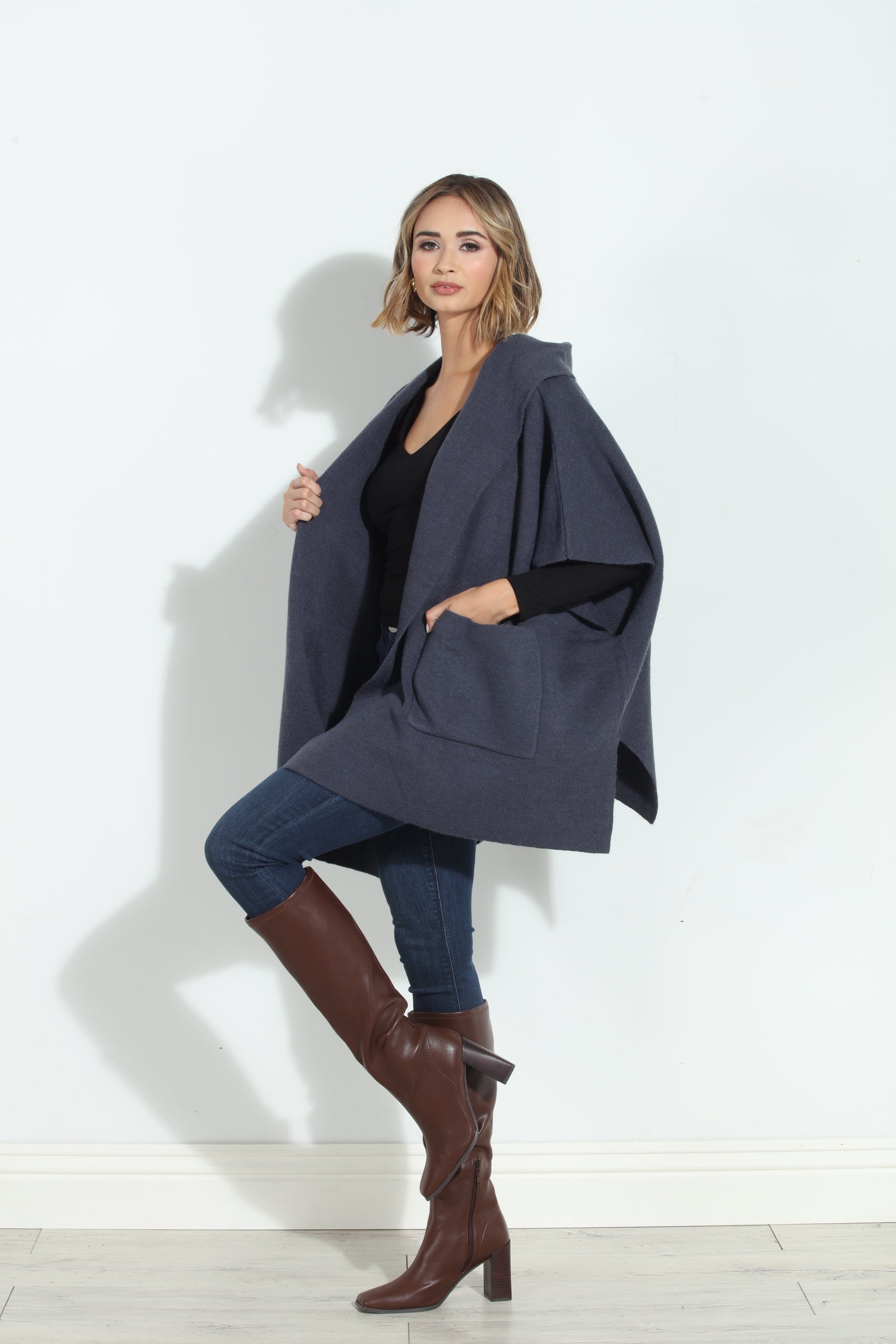 Denim Blue Cozy Hooded Poncho-BEST SELLER
