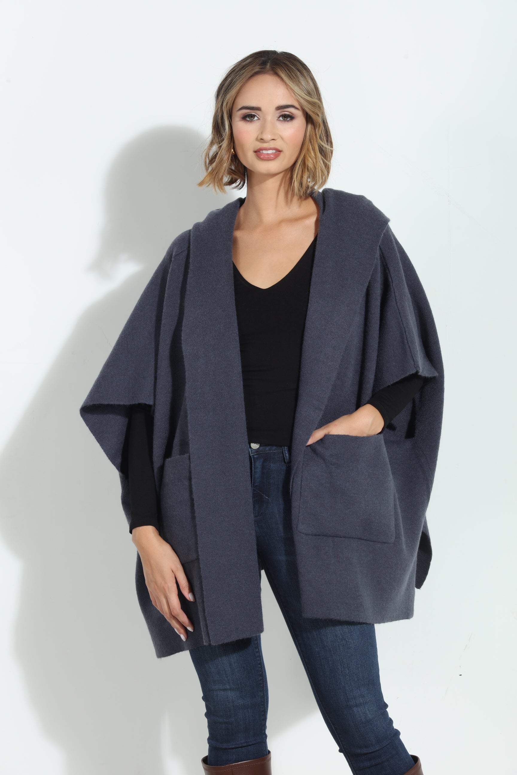 Denim Blue Cozy Hooded Poncho-BEST SELLER