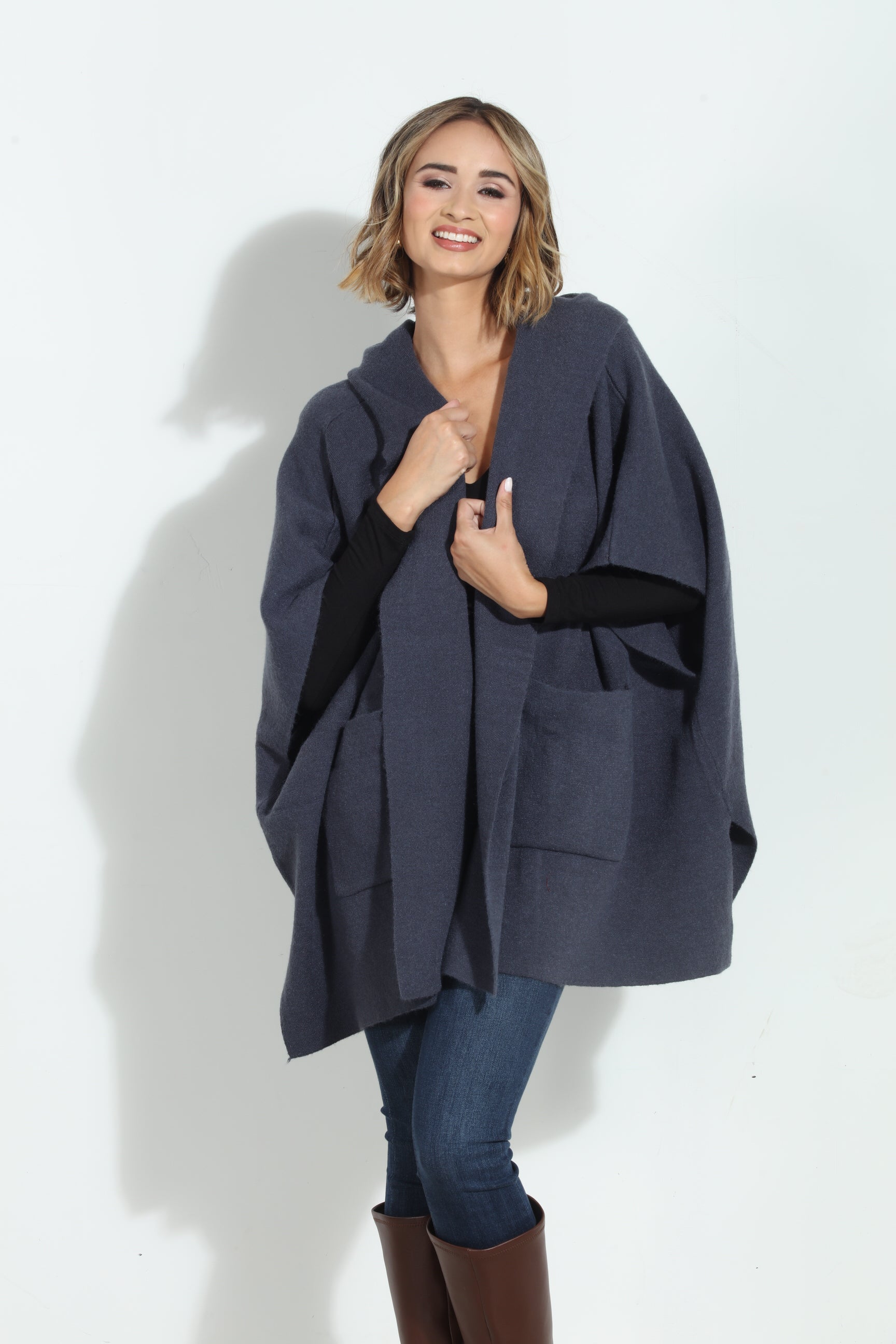 Denim Blue Cozy Hooded Poncho-BEST SELLER