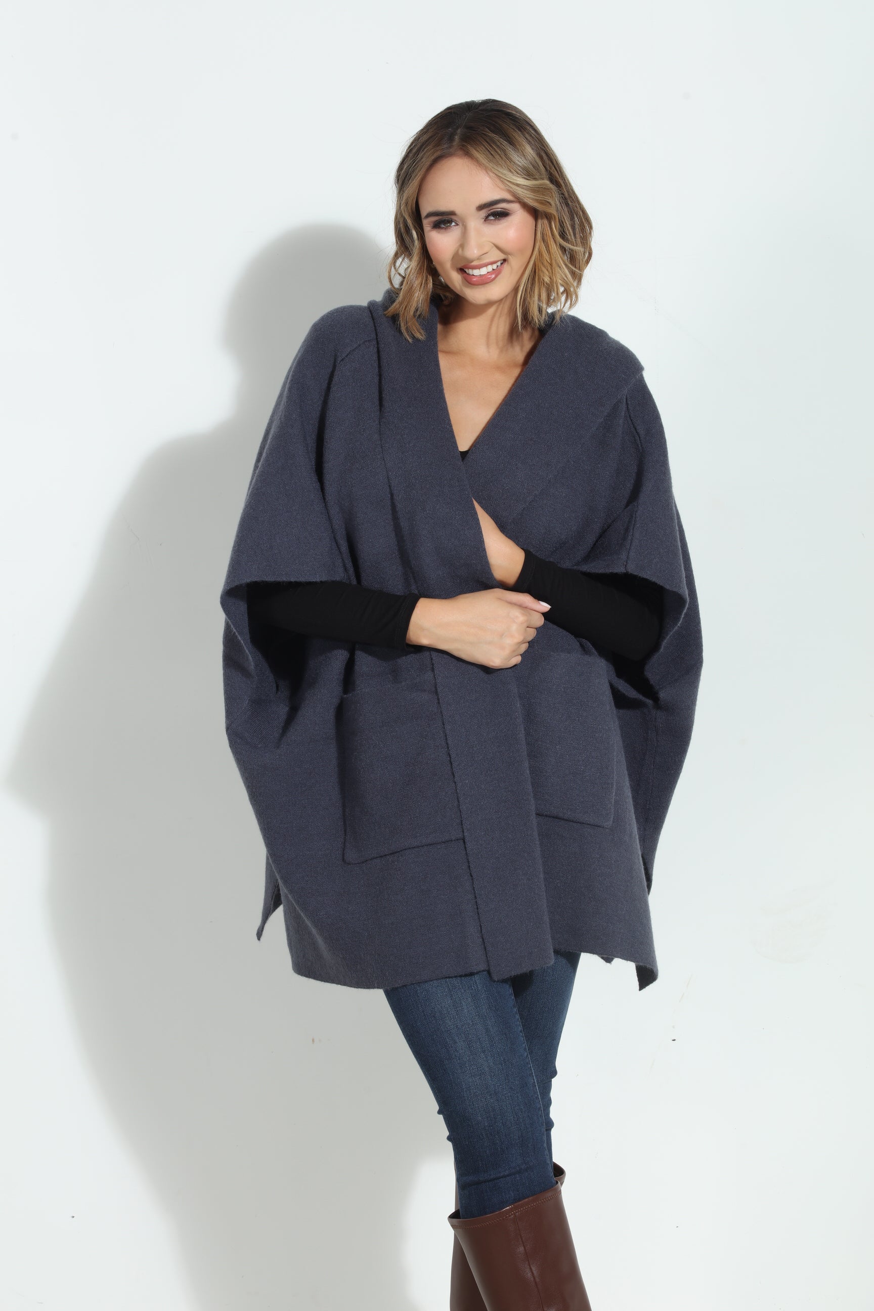 Denim Blue Cozy Hooded Poncho-BEST SELLER
