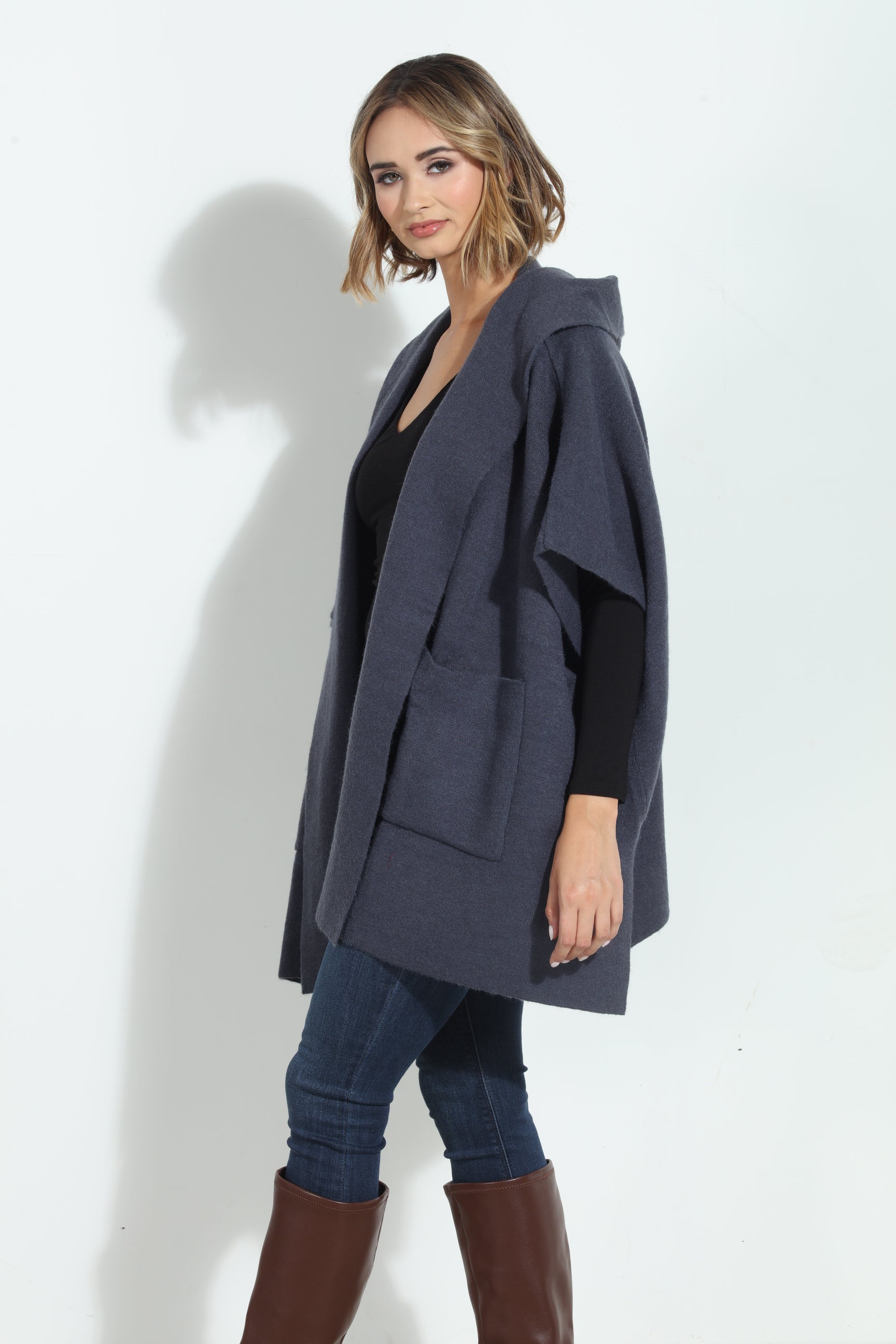 Denim Blue Cozy Hooded Poncho-BEST SELLER