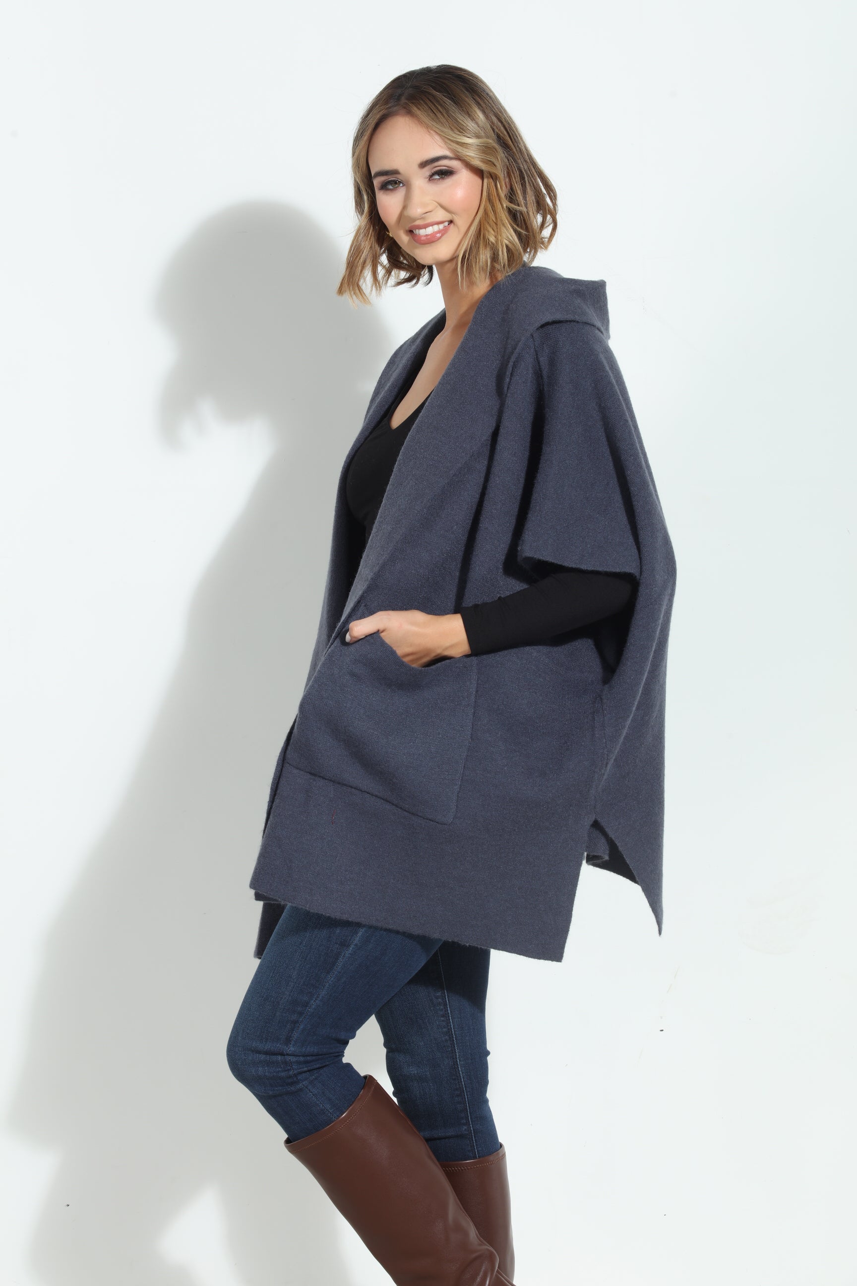 Denim Blue Cozy Hooded Poncho-BEST SELLER