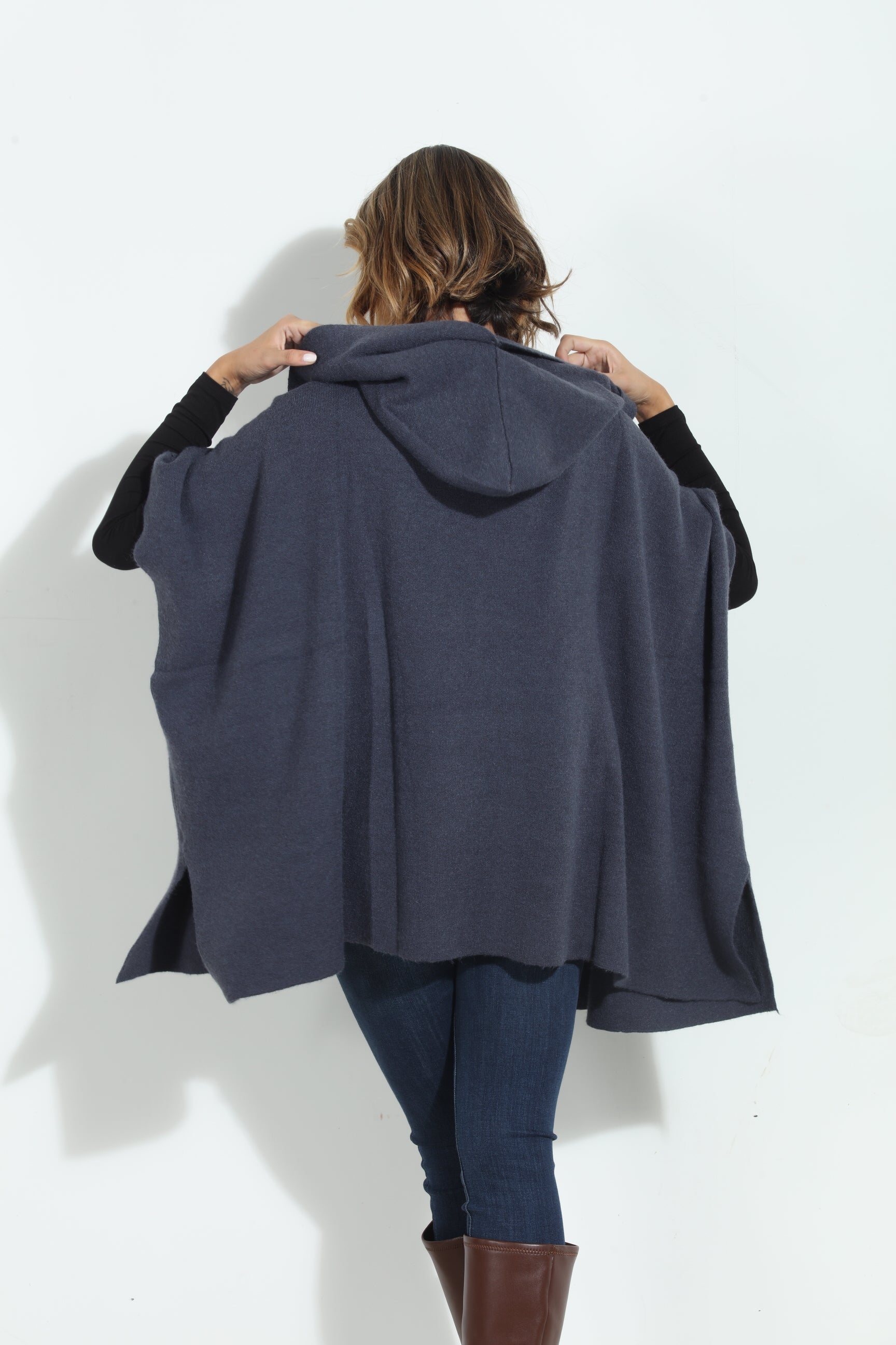 Denim Blue Cozy Hooded Poncho-BEST SELLER