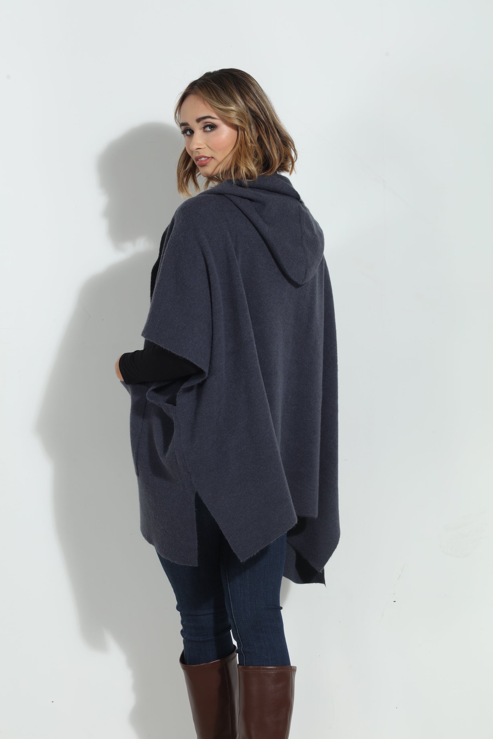 Denim Blue Cozy Hooded Poncho-BEST SELLER