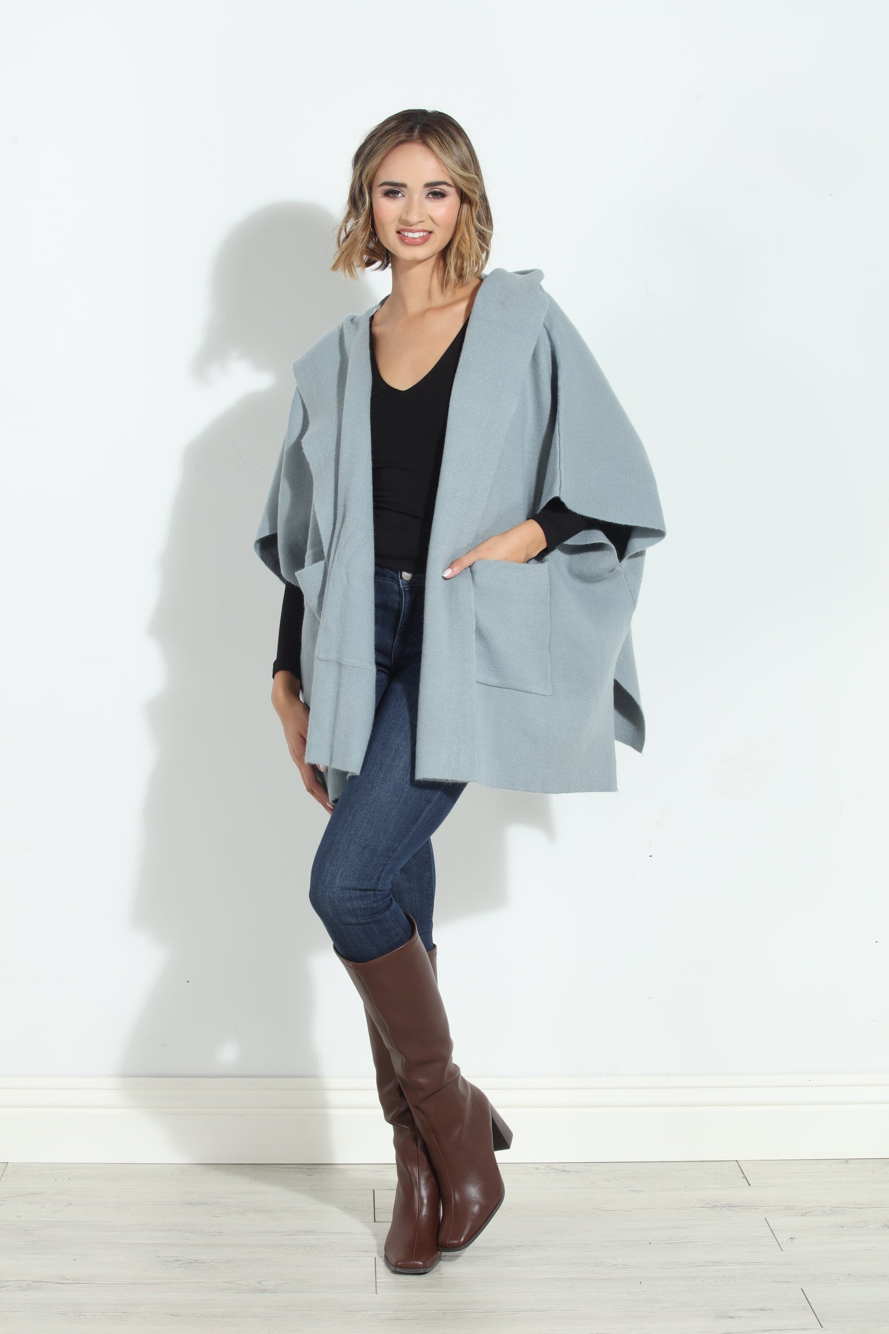 Dusk Blue Cozy Hooded Poncho-BEST SELLER