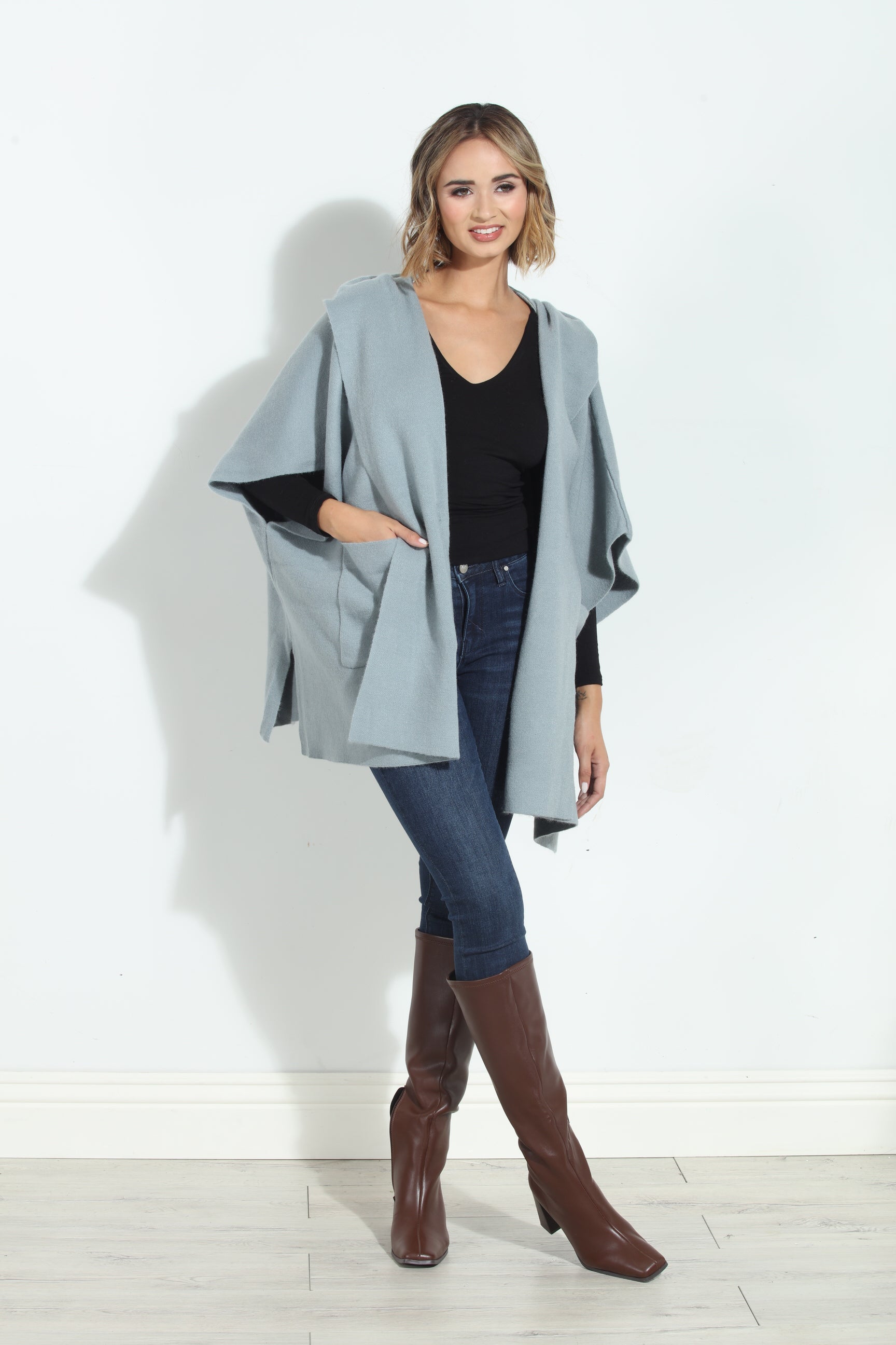 Dusk Blue Cozy Hooded Poncho-BEST SELLER