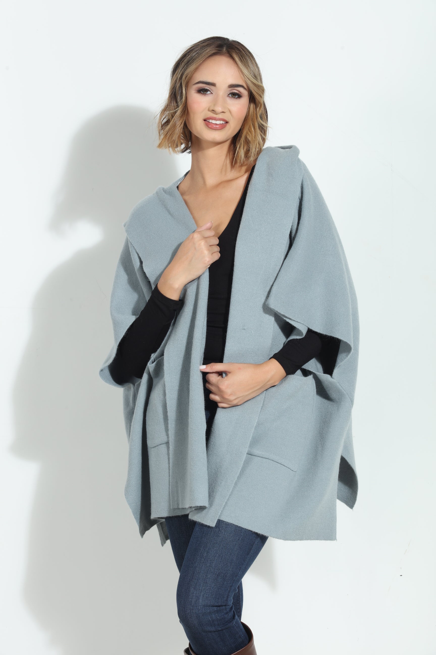 Dusk Blue Cozy Hooded Poncho-BEST SELLER