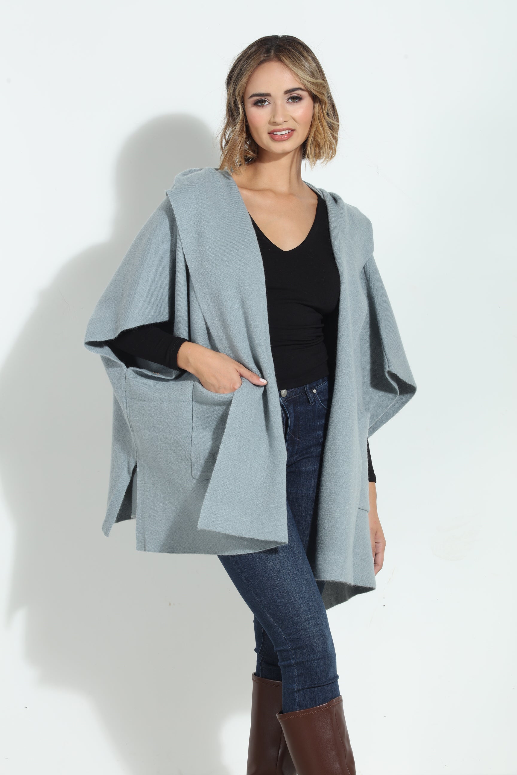 Dusk Blue Cozy Hooded Poncho-BEST SELLER