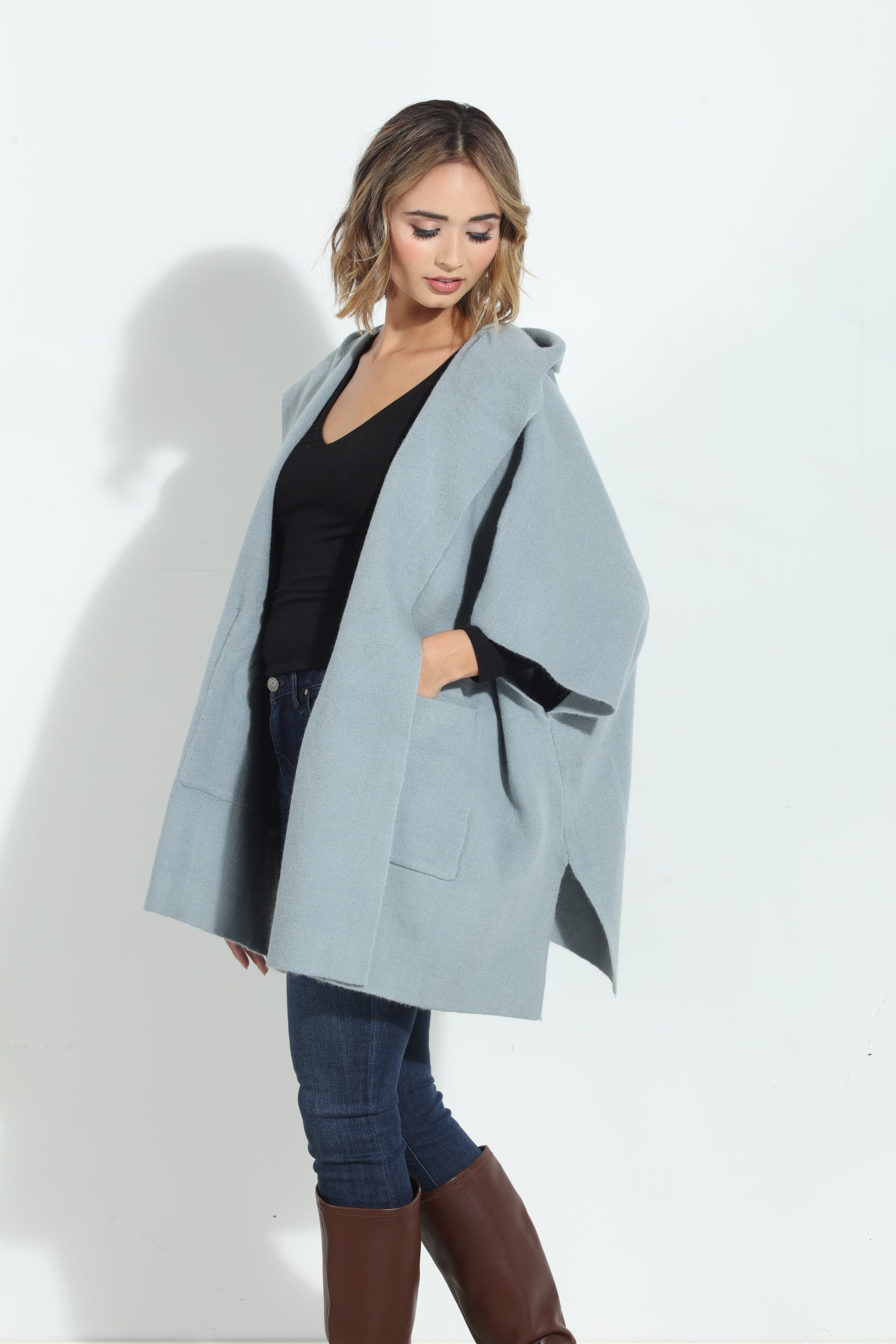 Dusk Blue Cozy Hooded Poncho-BEST SELLER