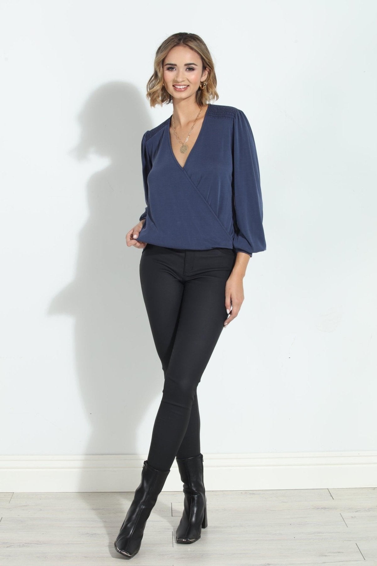 Navy Smocked Cupro Top-FINAL SALE