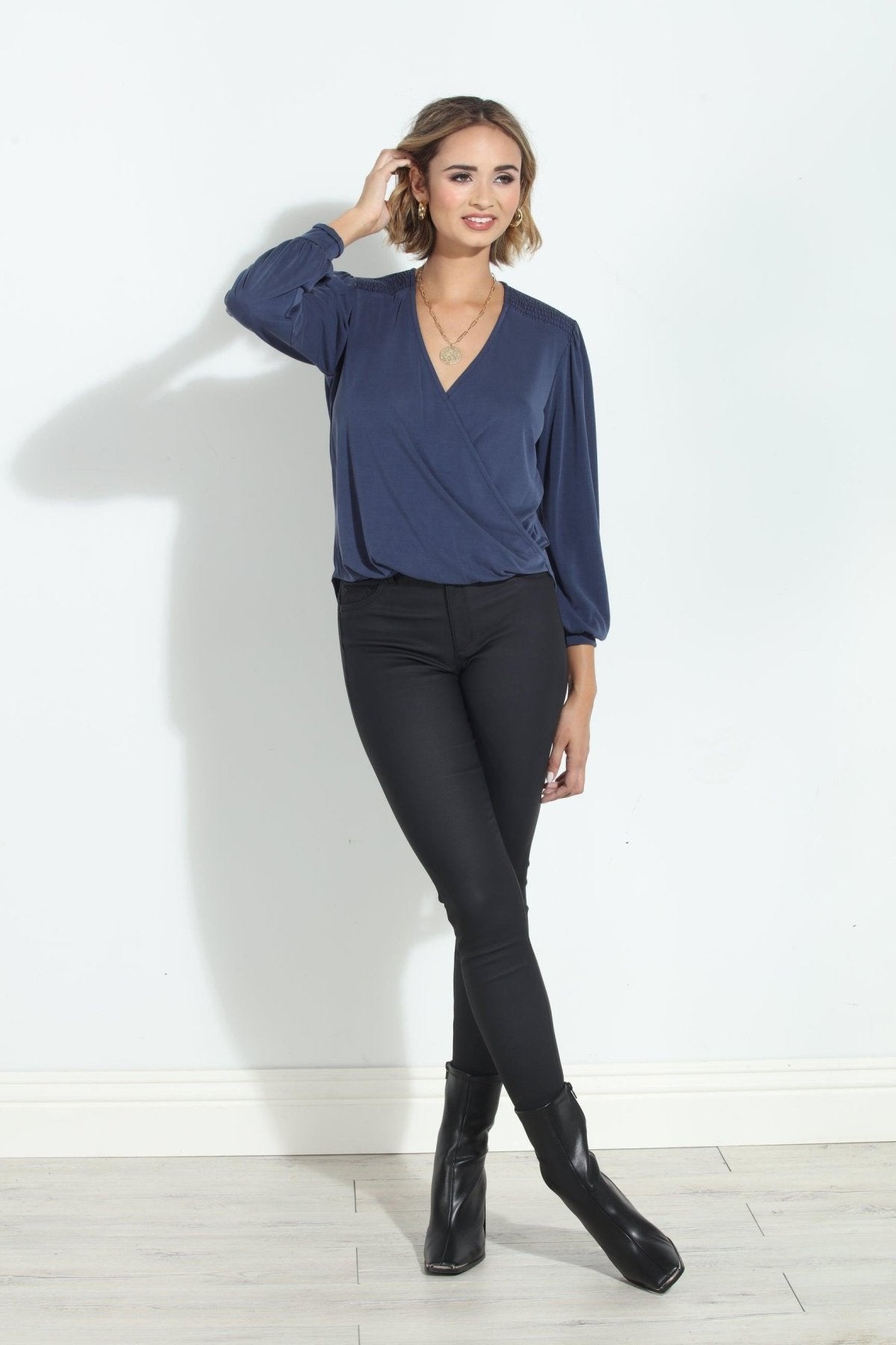 Navy Smocked Cupro Top-FINAL SALE