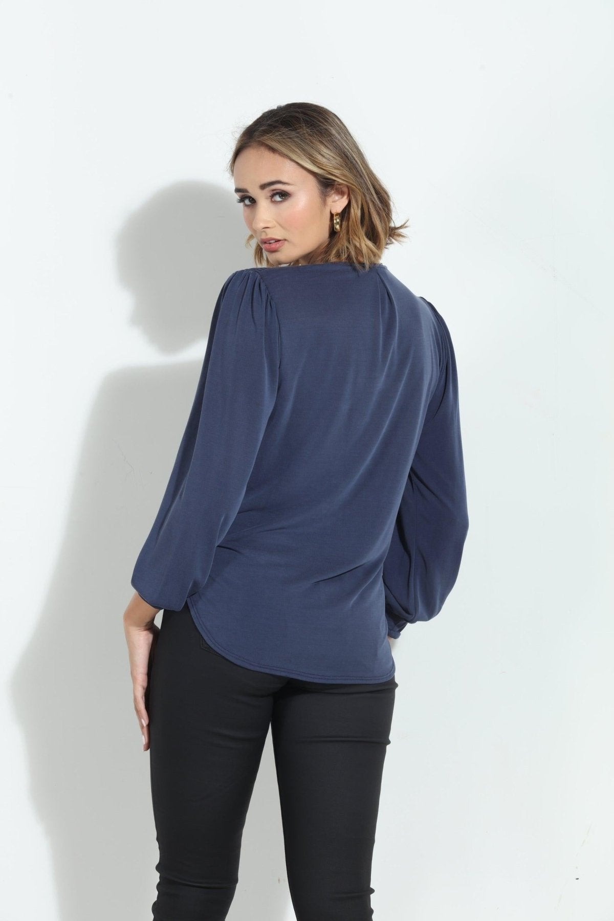 Navy Smocked Cupro Top-FINAL SALE