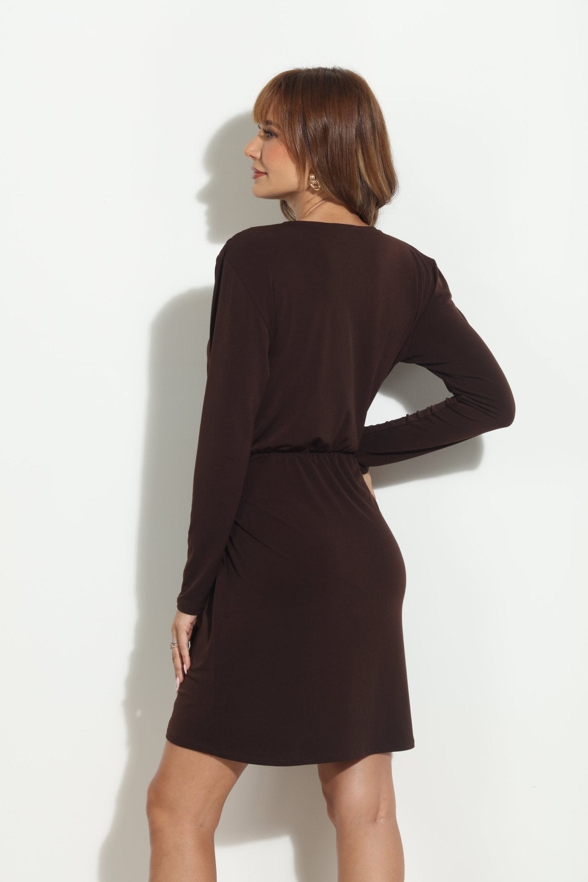 Chocolate Stretch Faux Wrap Dress-BEST SELLER
