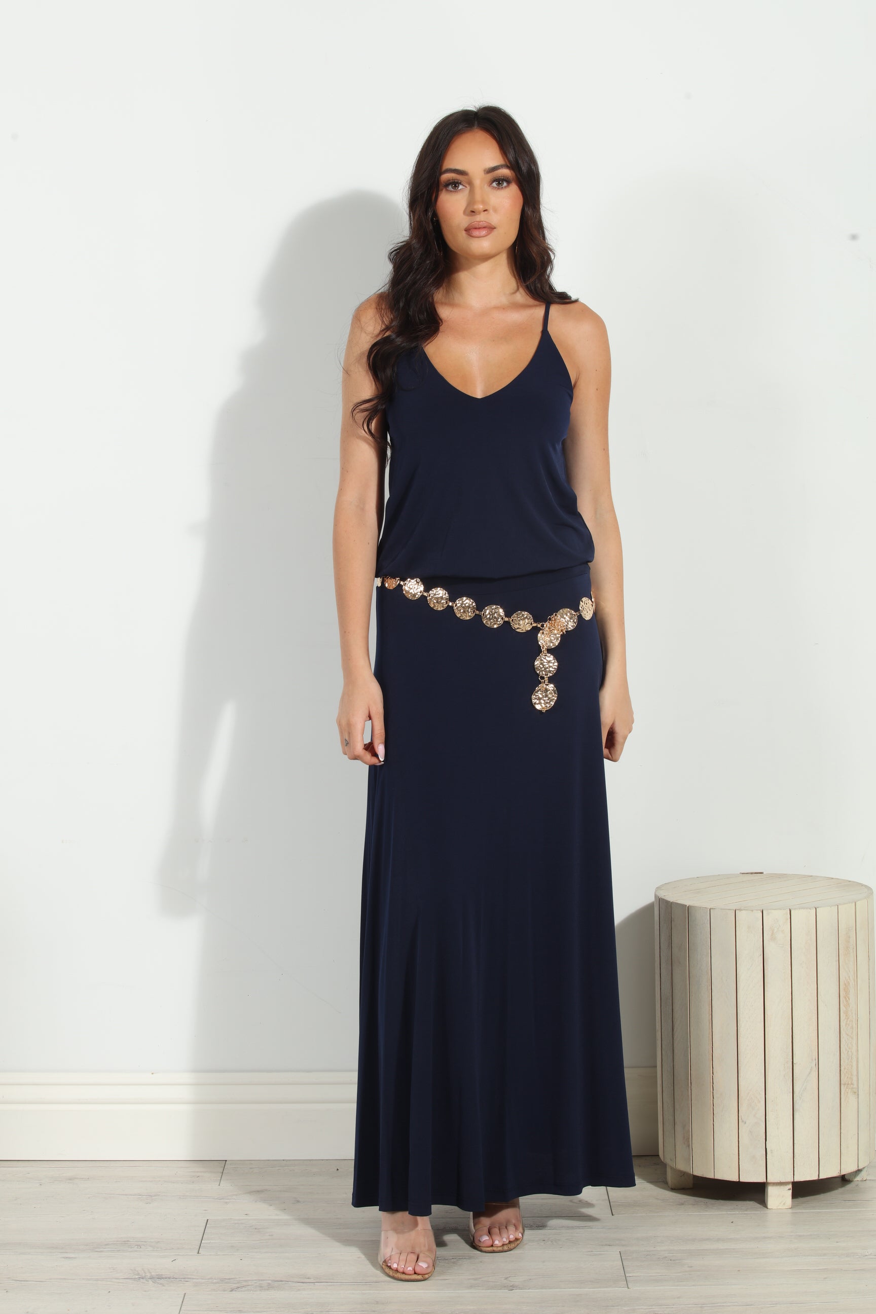 Navy Stretch Drop Waist Maxi Dress