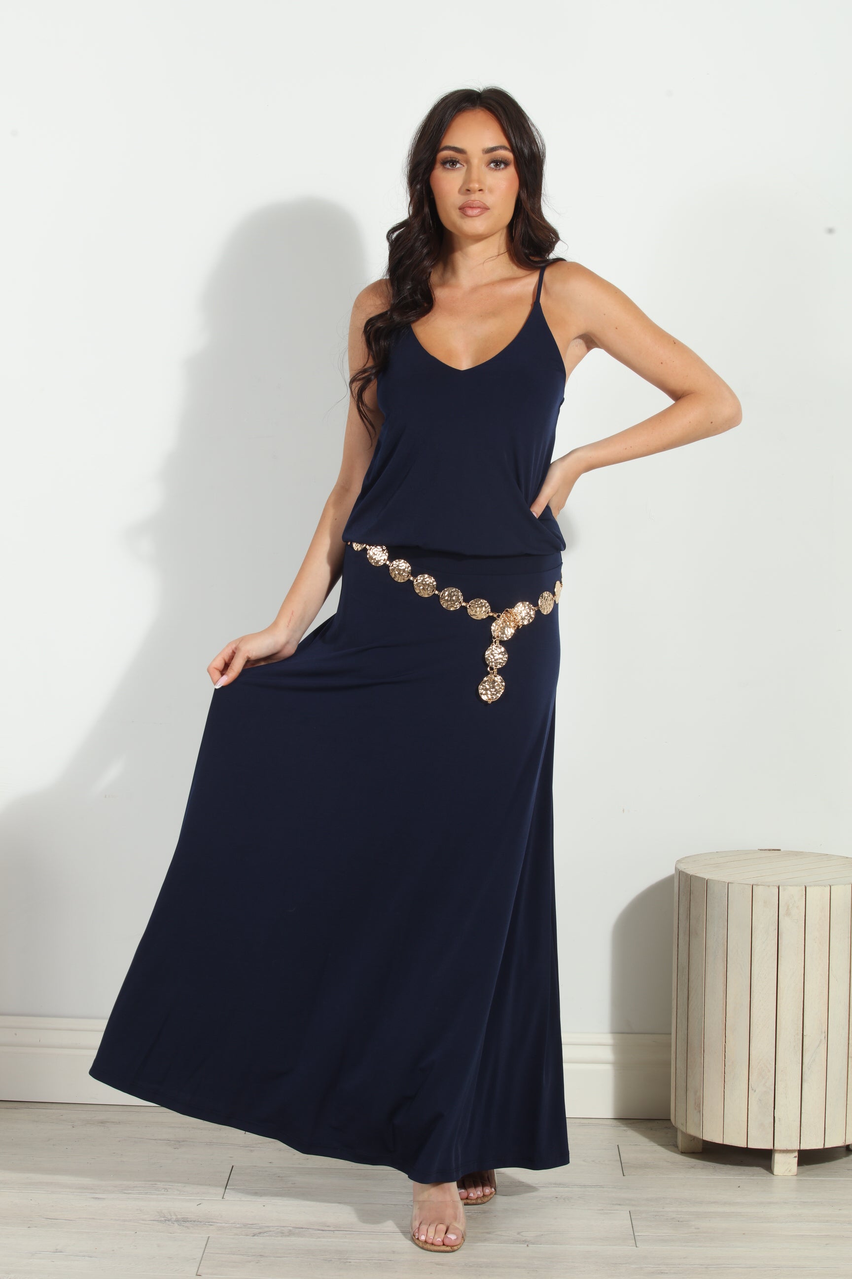 Navy Stretch Drop Waist Maxi Dress