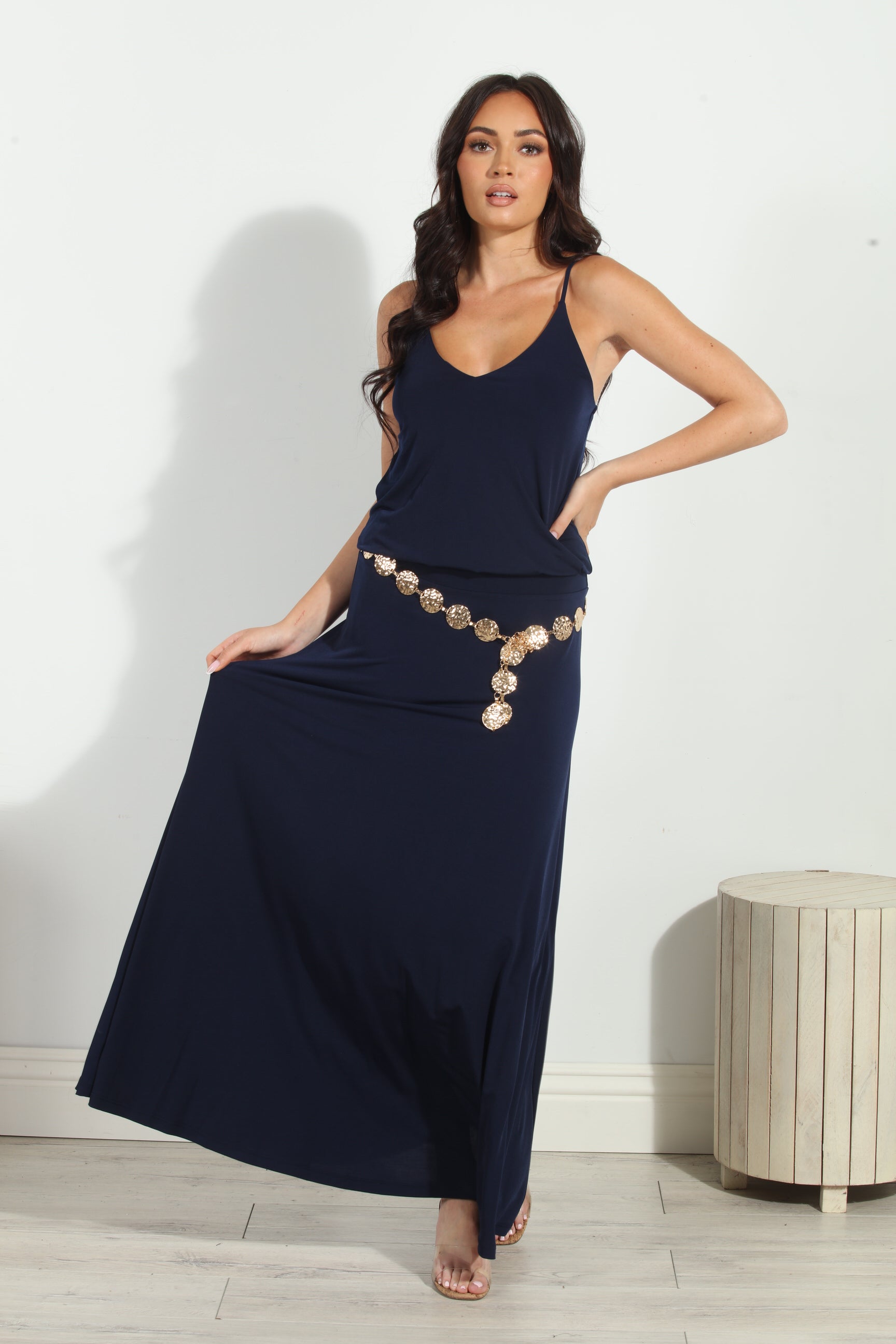 Navy Stretch Drop Waist Maxi Dress