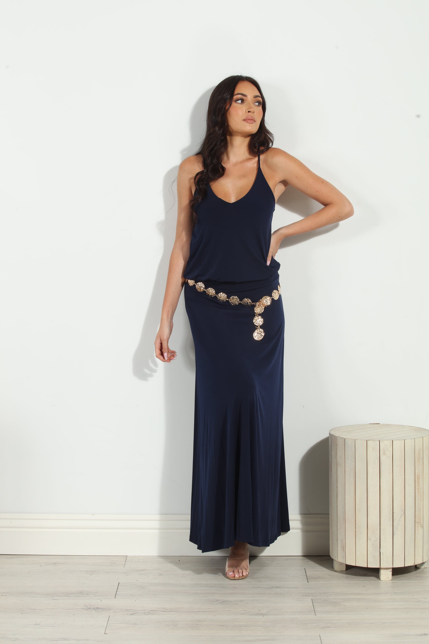 Navy Stretch Drop Waist Maxi Dress