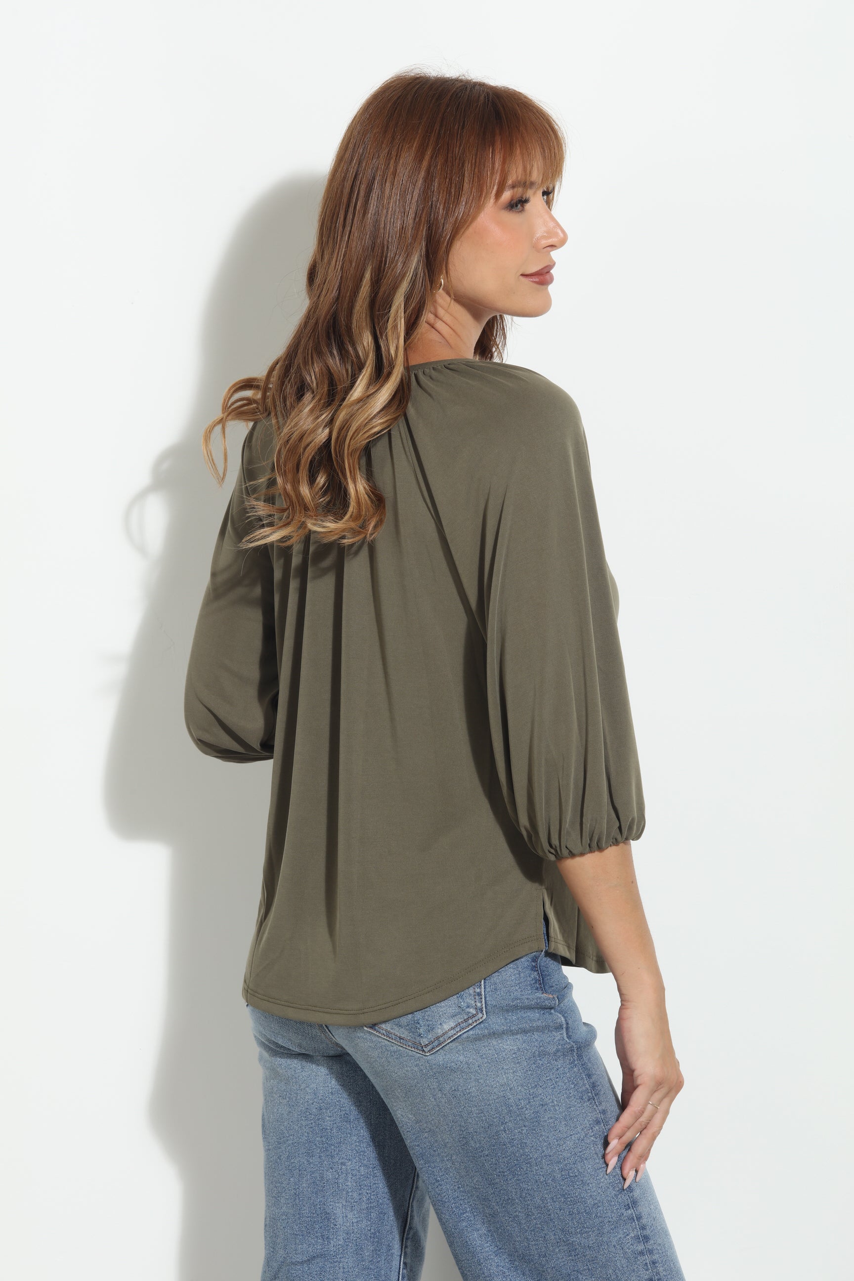 Olive Cupro Stretch Split Neck Top-BEST SELLER