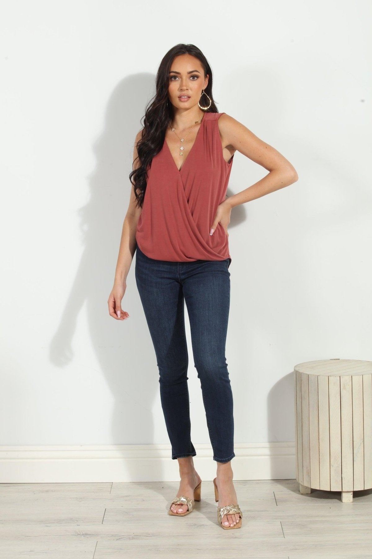 The Everyday Cupro Surplice Tank -Marsala