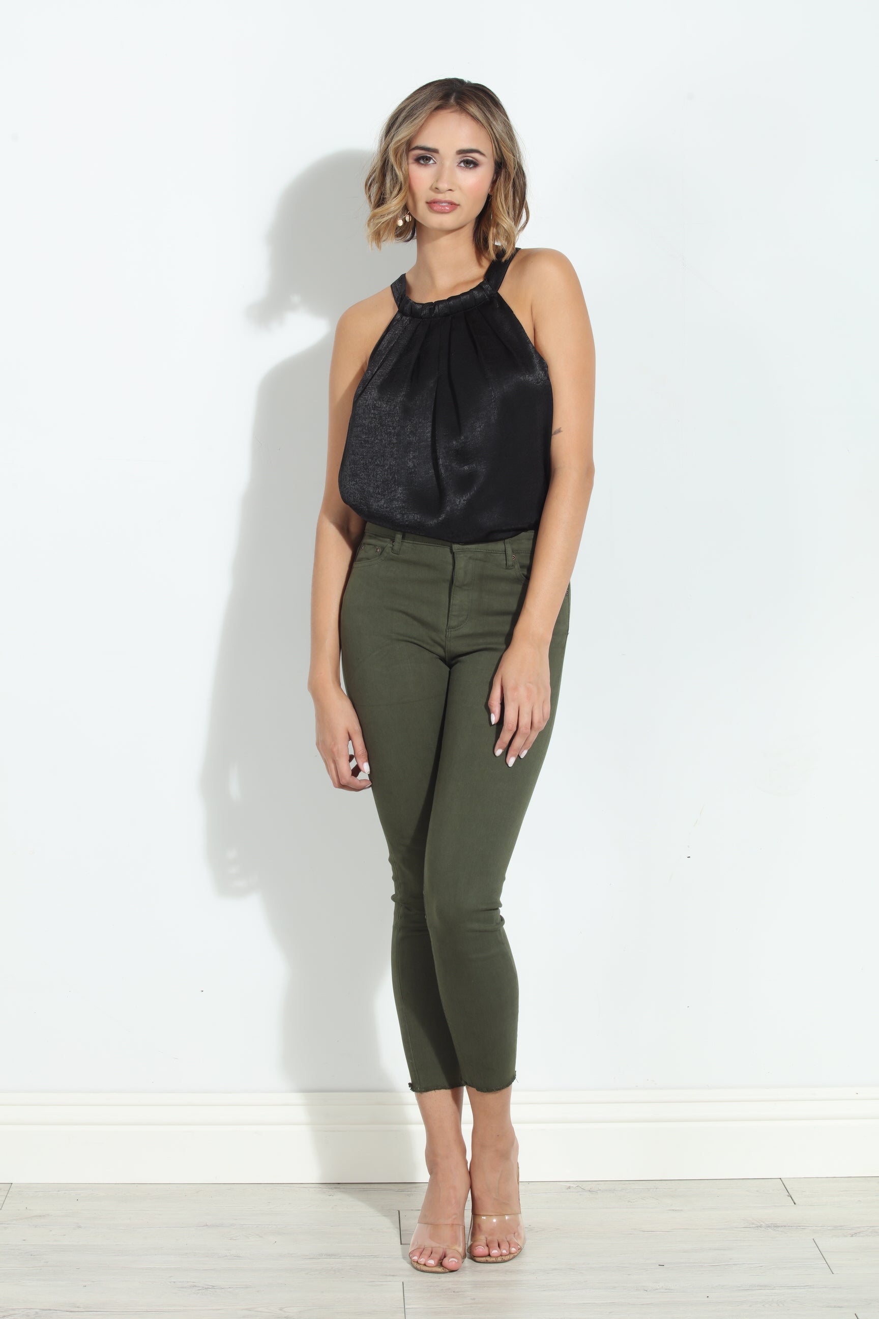 Tractr Mona High Rise Crop Fray Jeans - Olive-FINAL SALE