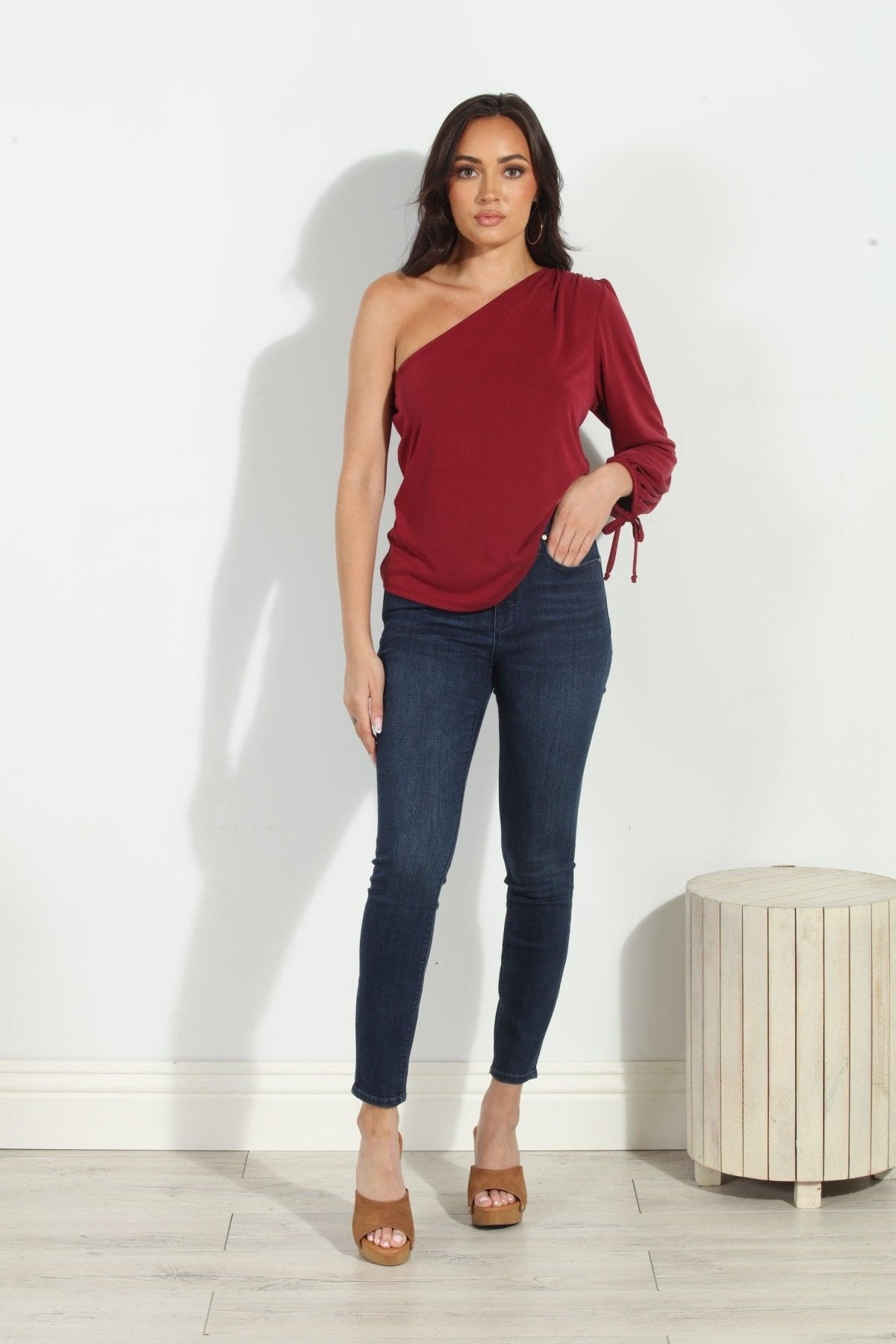 Burgundy Cupro One Shoulder Asymmetrical Top-FINAL SALE