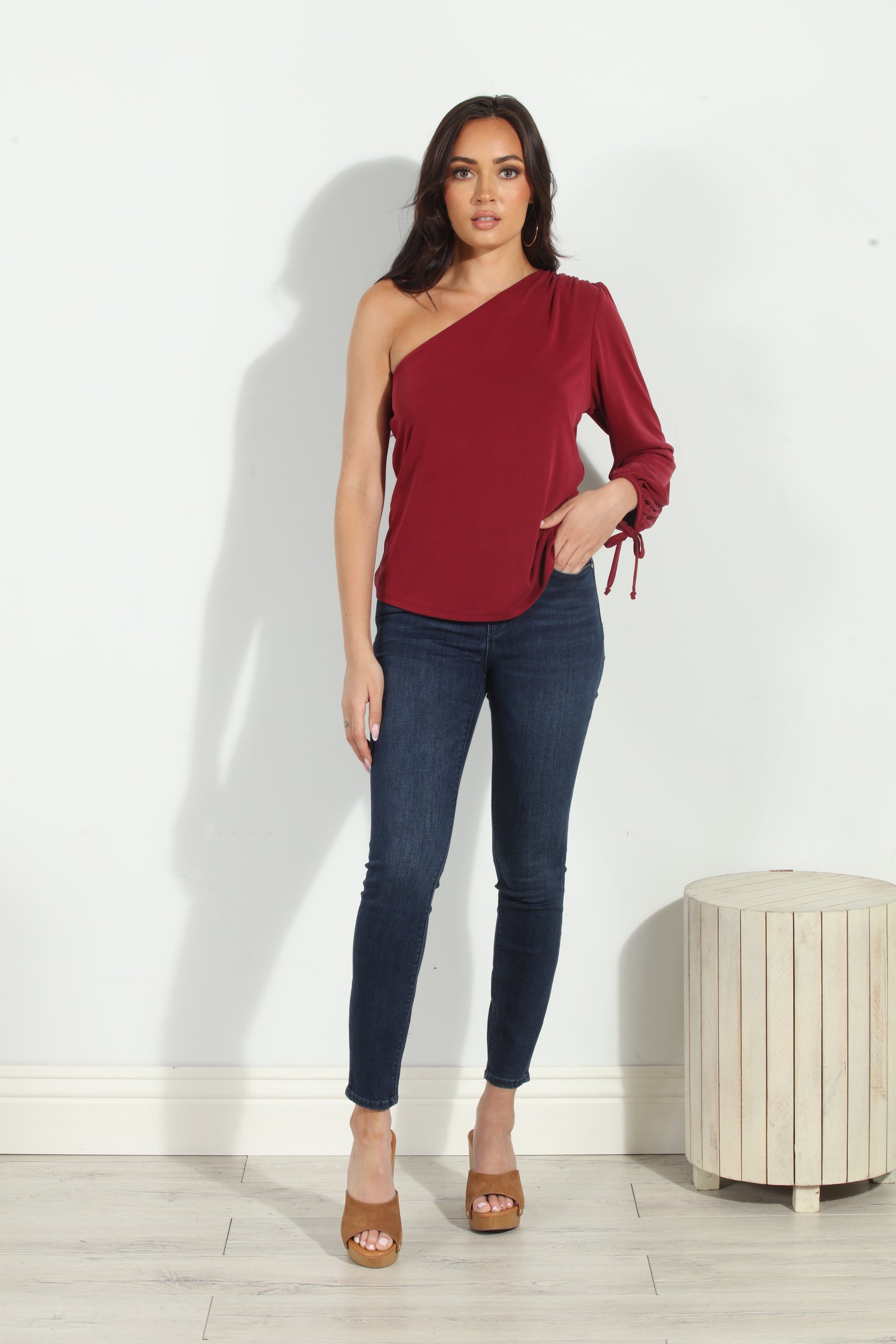 Burgundy Cupro One Shoulder Asymmetrical Top FINAL SALE