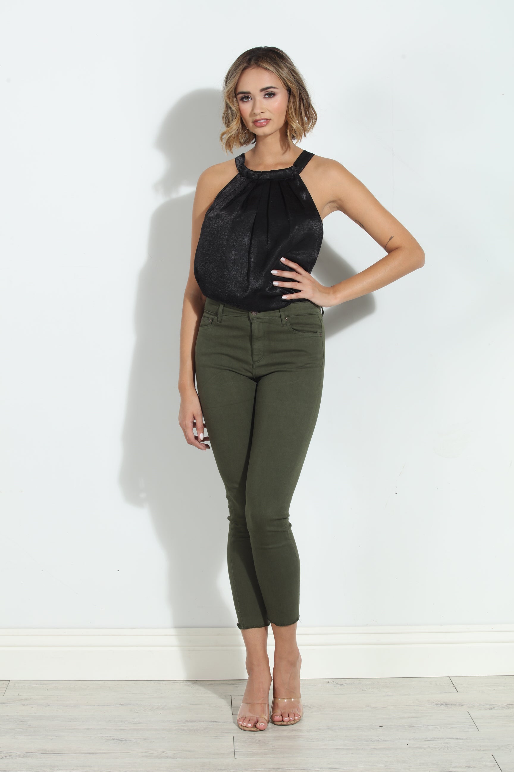 Tractr Mona High Rise Crop Fray Jeans - Olive-FINAL SALE