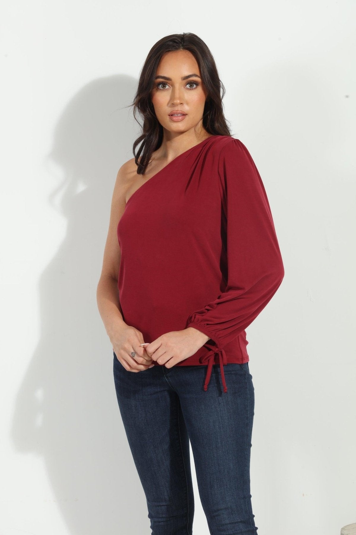 Burgundy Cupro One Shoulder Asymmetrical Top-FINAL SALE